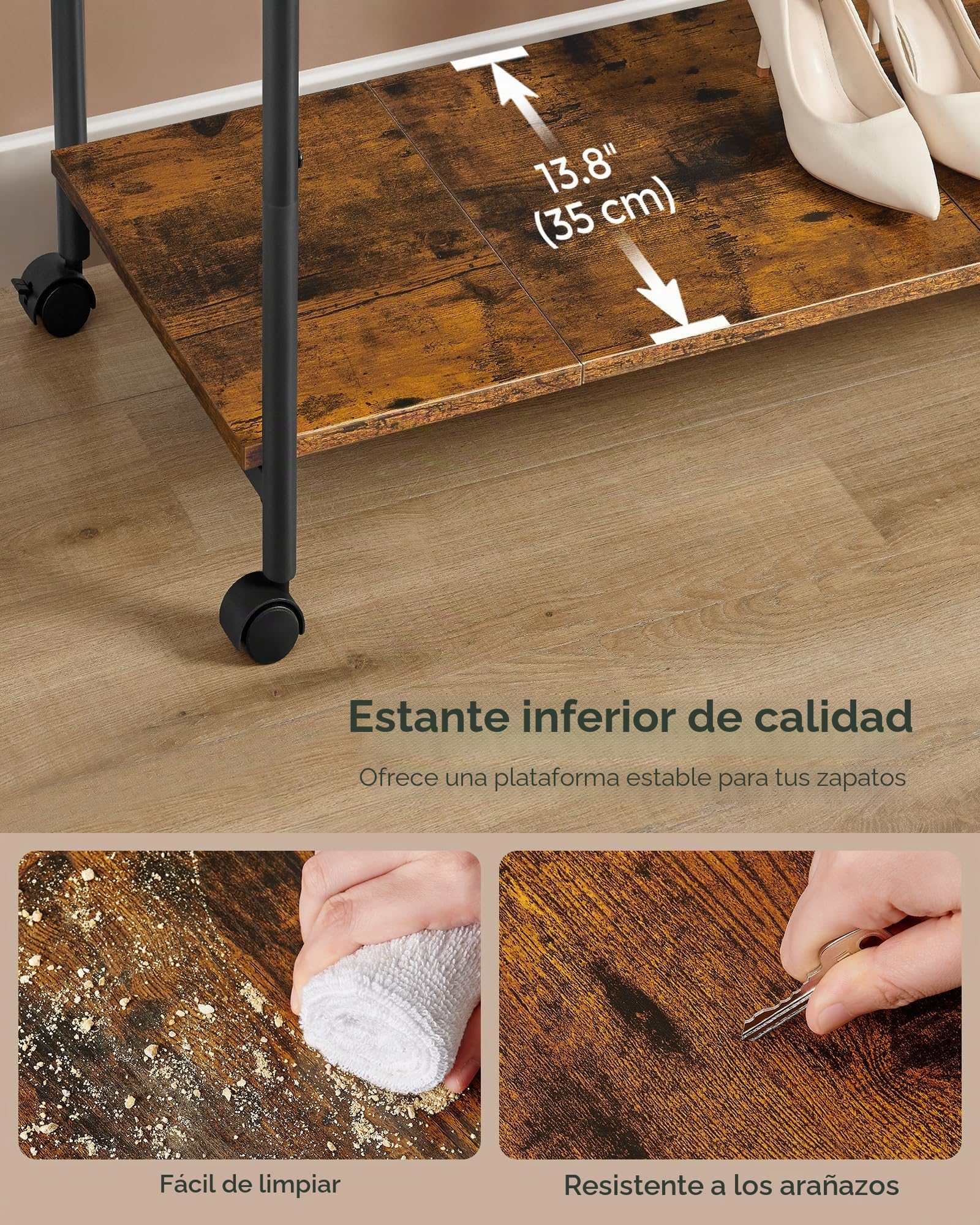 SONGMICS Perchero con ruedas, perchero de doble barra para colgar ropa, 38.8 pulgadas con estante, carga hasta 220 libras, para dormitorio, armario, marrón rústico y negro tinta UHSR152B01