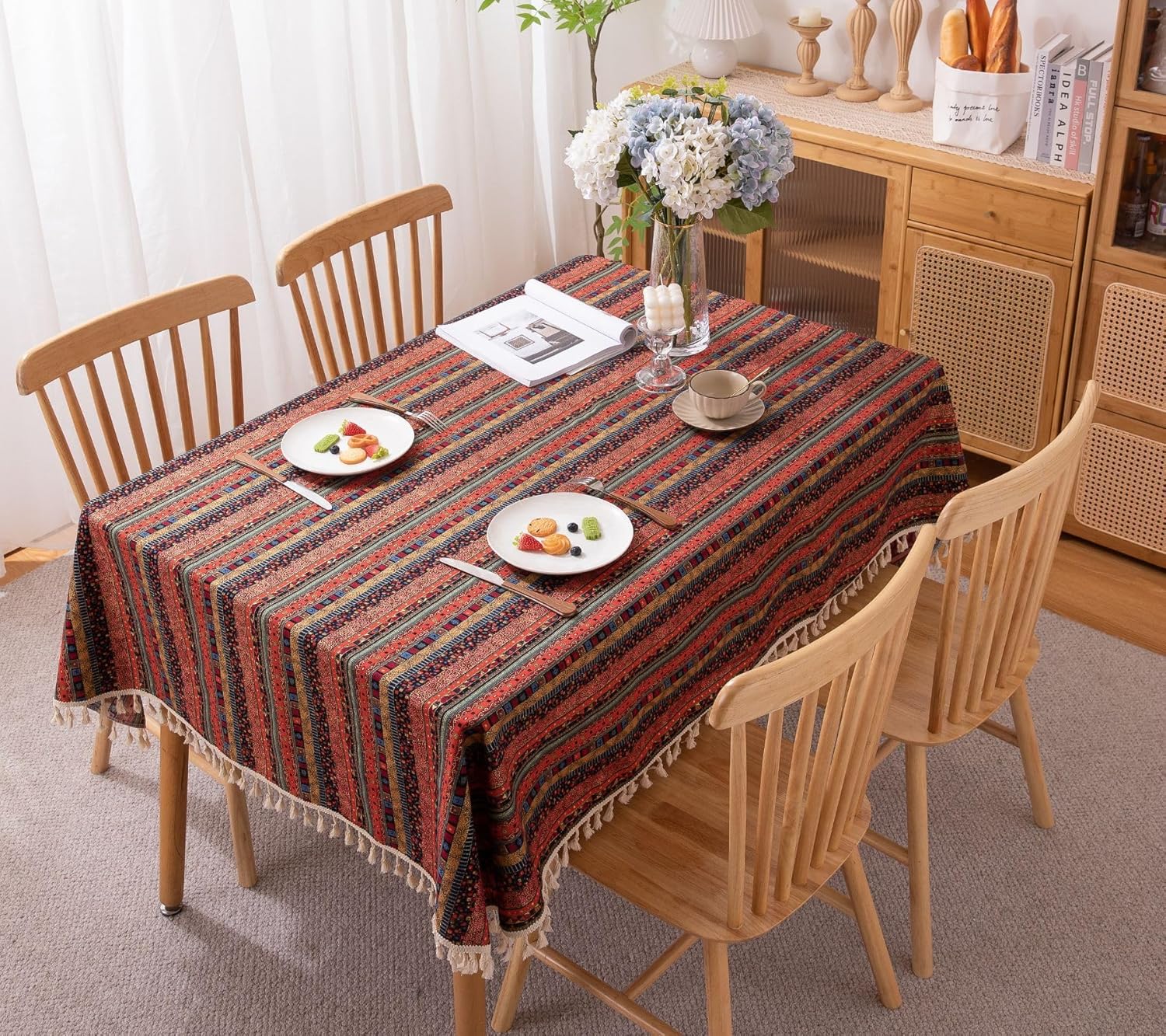 Boho Striped Rectangle Tablecloth for Rectangular Tables 55 x 71 Inch Farmhouse Tassel Decorative Table Cloth Dust Proof Table Cover for Kitchen Dining Picnic Holiday (Red,55"x71")
