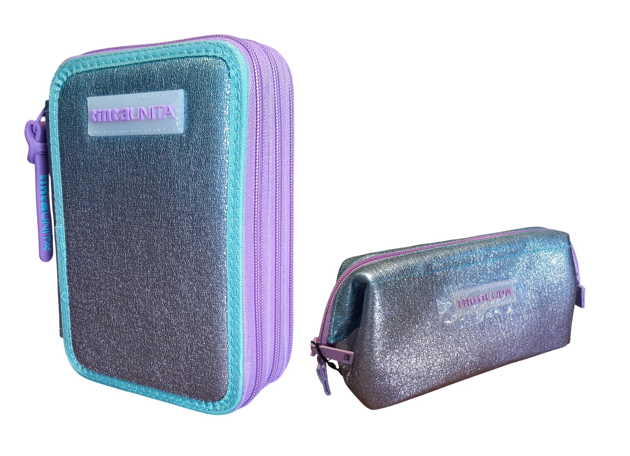 PRESTIGE & DELUXE Astuccio Corredo Tinta Unita Pool Over 3 Cerniere Gradient Azzurro Viola completo di cancelleria + astuccio bustona Zip per Scuola Bambina Ragazza + portachiave e penna colorata