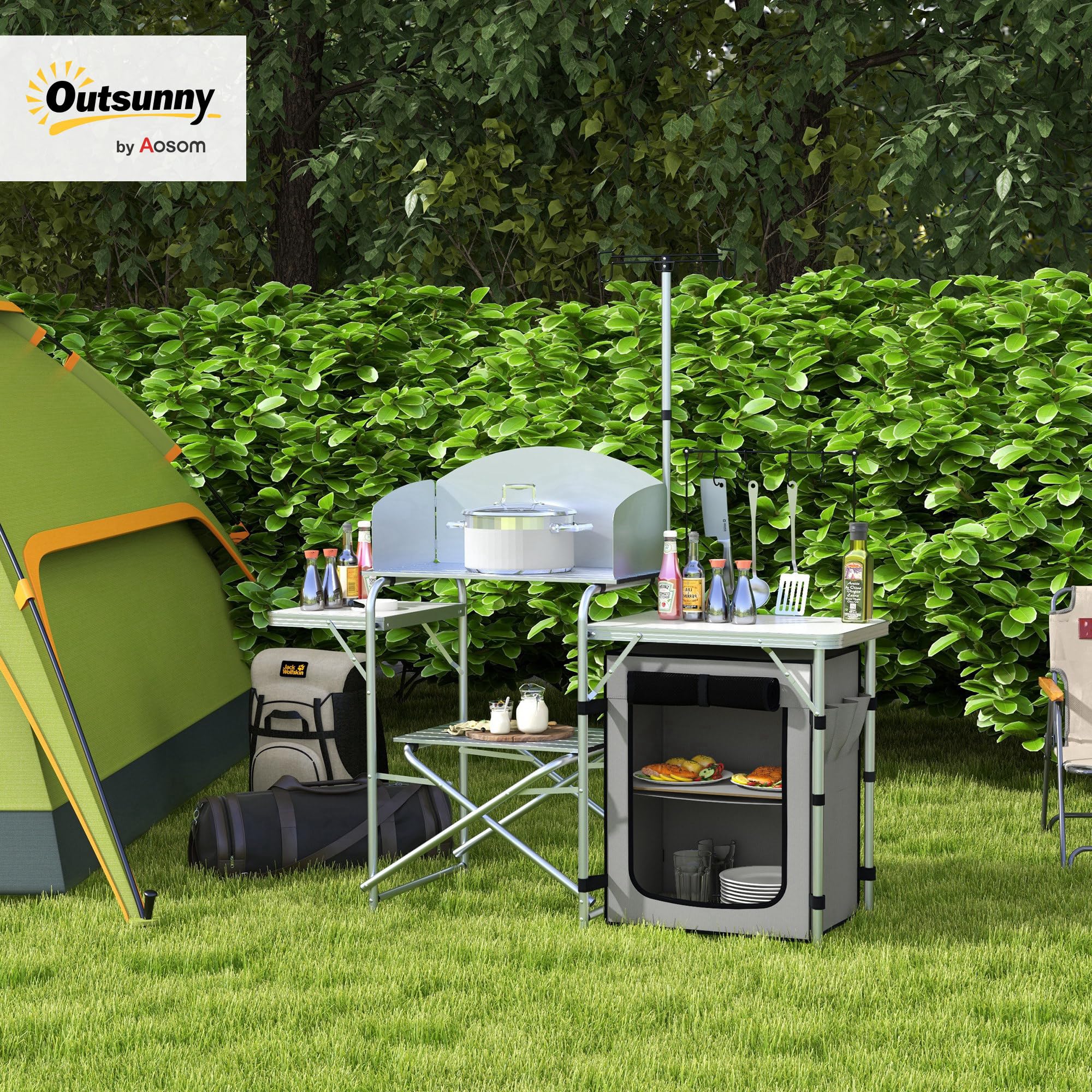 Outsunny Campingküche klappbar, Outdoor Küche mit Windschutz, UV-Schutz, 3 Arbeitsplatten, Schränkfach, Lichtständer, Aluminium, für Garten Camping, Silber