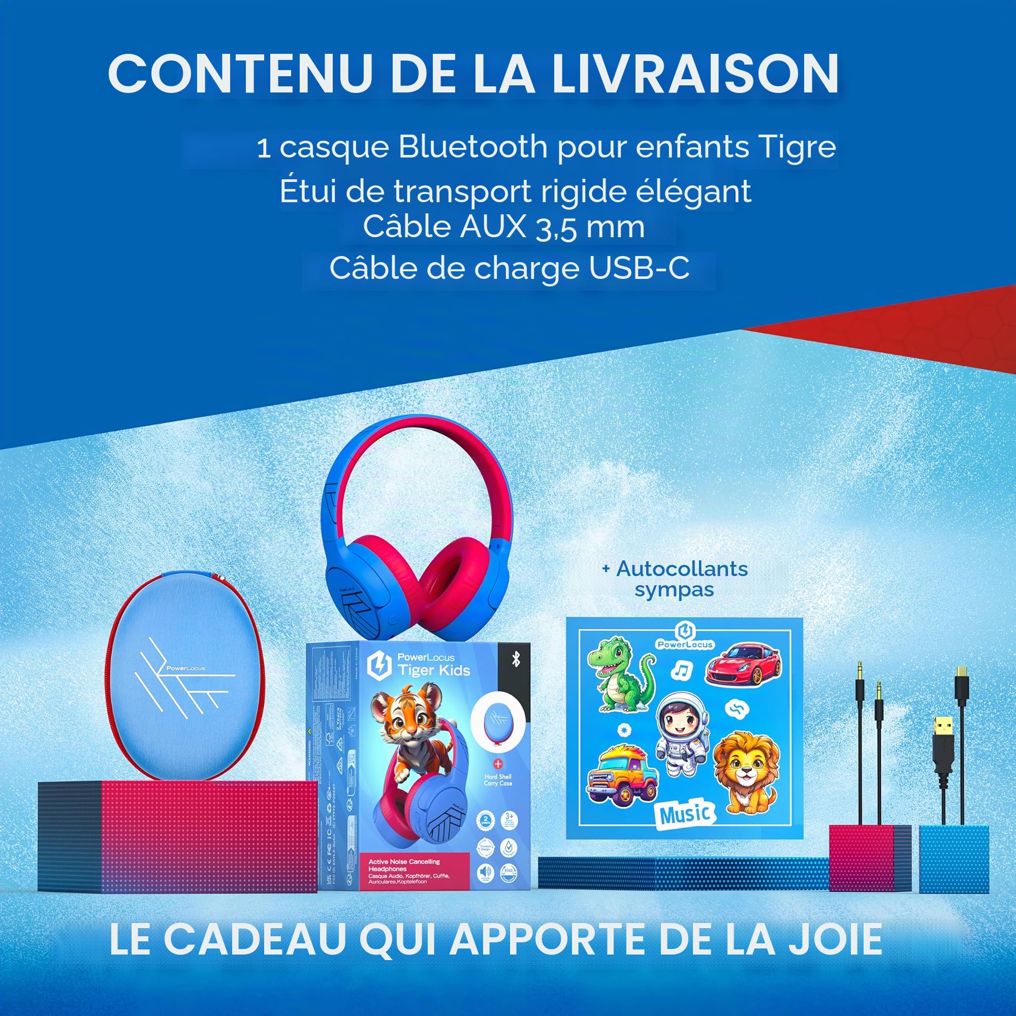 PowerLocus Casque Bluetooth pour enfants - Réduction active du bruit - 74/85/94 dB - Volume sûr - Pliable - Avec sac en tissu - Autonomie de 60 h avec microphone et auxiliaire - Pour téléphone