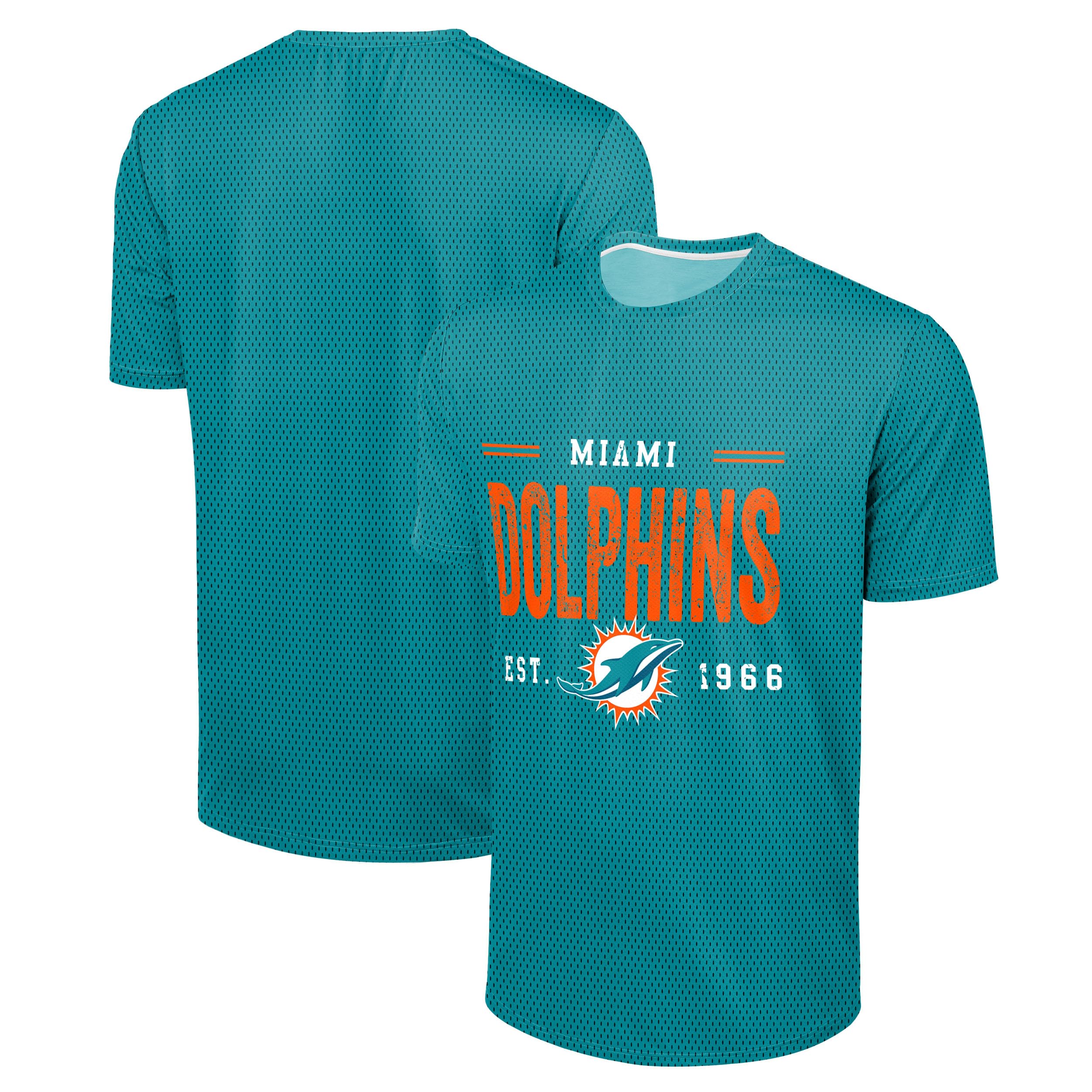 Foco Men's Miami Dolphins - Aqua Nfl Officially Licensed Football Team Logo Wordmark Distressed Performance Team Color Crewneck T-Shirt, Large