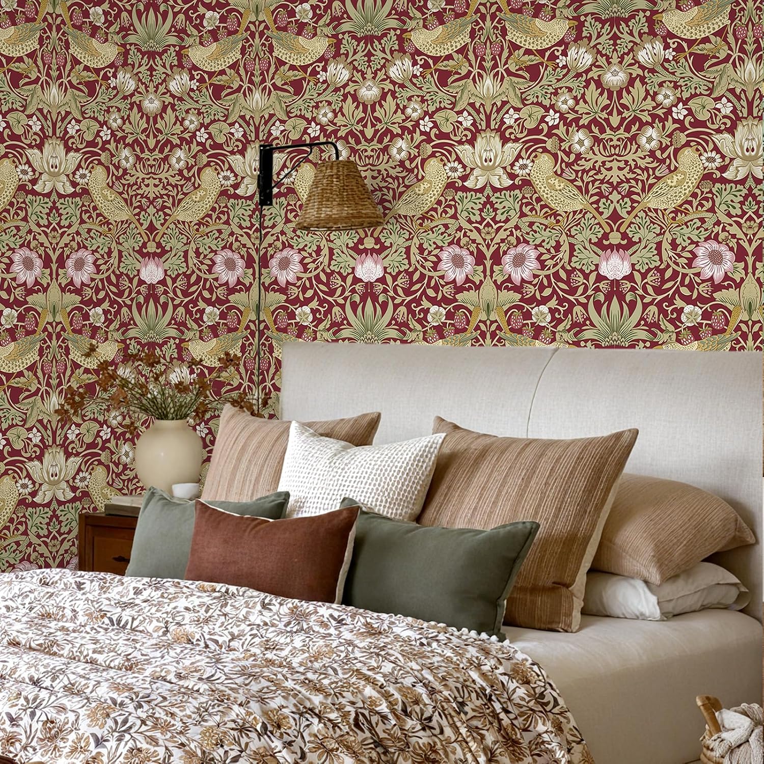 VEELIKE Retro William Morris Wallpaper Peel and Stick Vintage Red Strawberry Thief Bird Wallpaper for Bathroom Bedroom 17.7''x354'' Self Adhesive Contact Paper Red Floral Wall Paper for Living Room