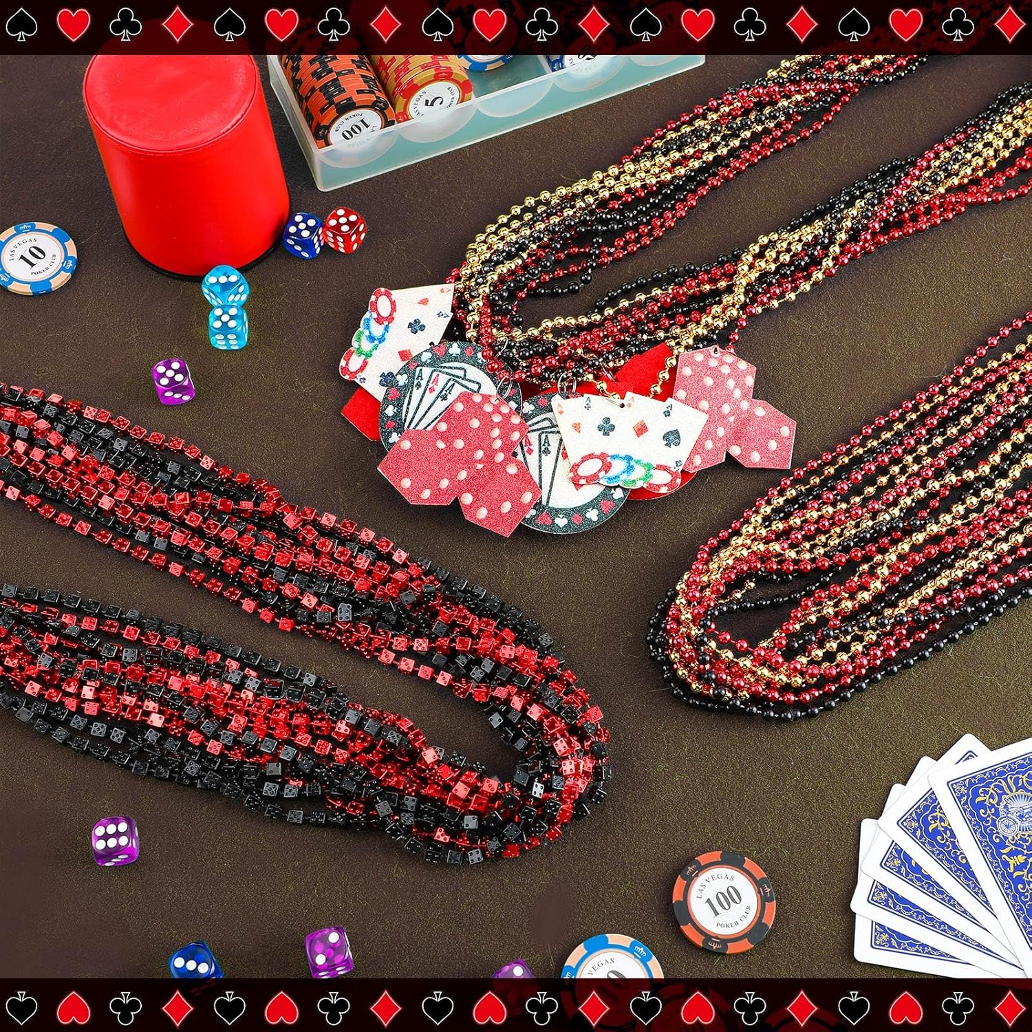 36 Pcs Casino Night Beaded Necklaces Bulk 8 Styles Pokers Dices Chips Sign Necklaces Red Black Gold Casino Party Favors for Las Vegas Game Night Birthday Party Supplies Decorations