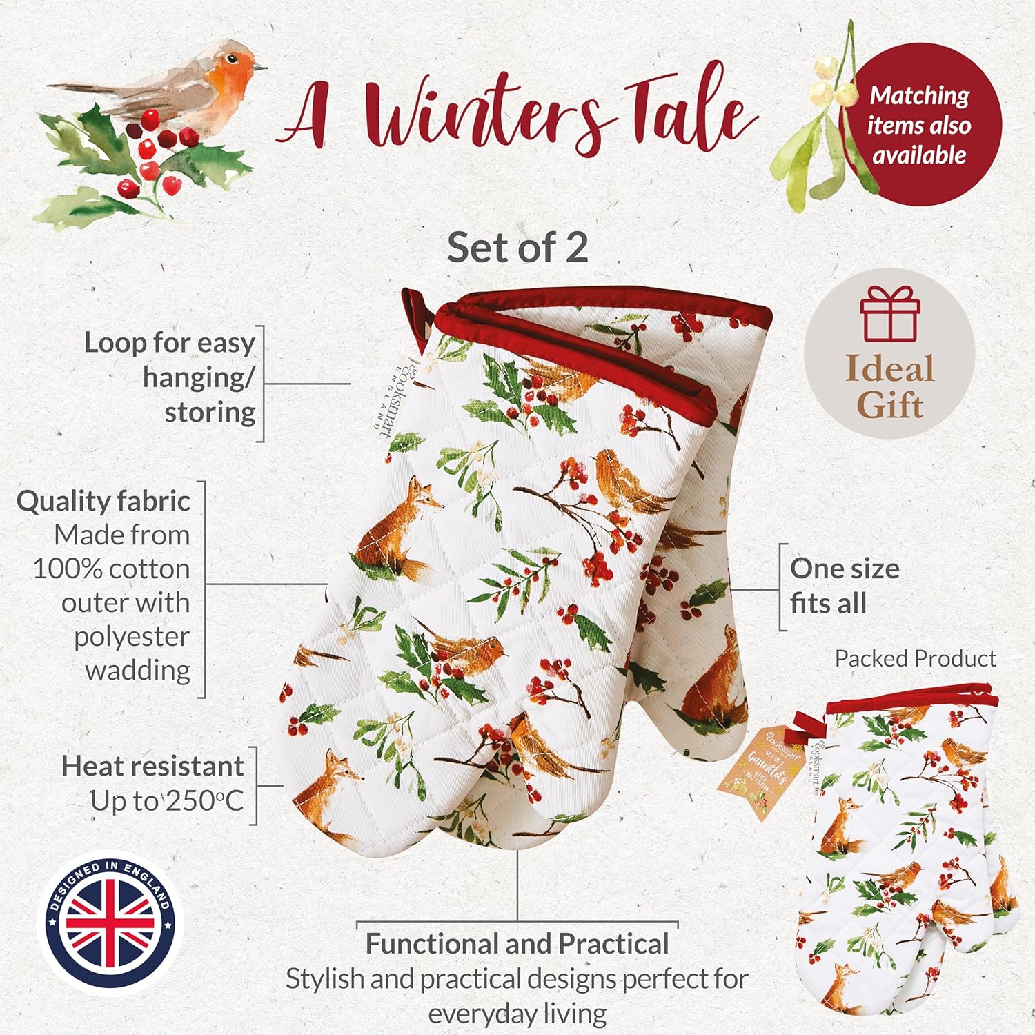 Cooksmart British Designed Christmas Gauntlet Oven Gloves | Festive Oven Gloves for All Type of Kitchens | Oven Mitts for Men & Women - A Winters Tale
