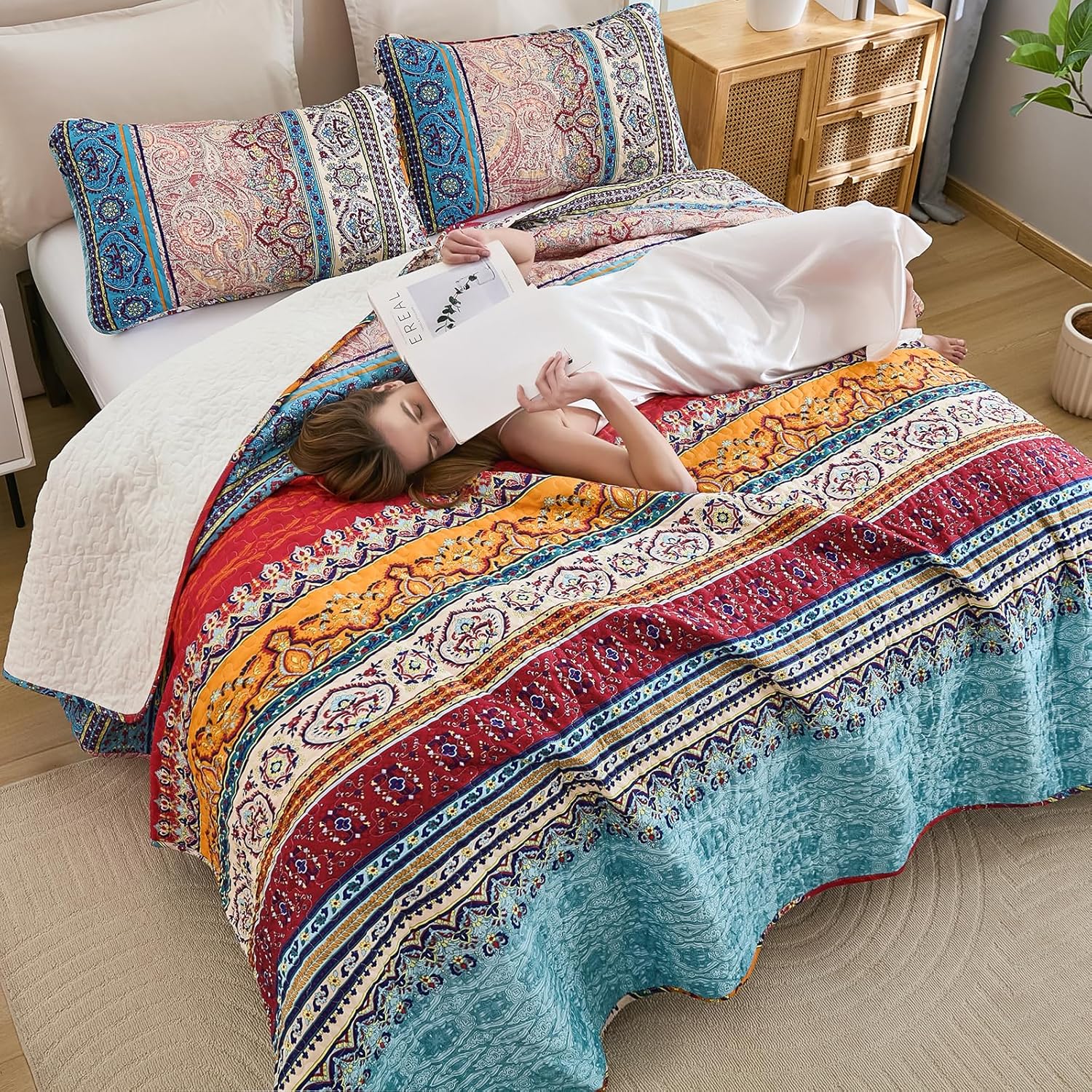 WONGS BEDDING Bohemian Quilt Set King Size, Boho Striped Printed Bedding Bedspread Coverlet Set for All Season, Lightweight Microfiber Quilts with 2 Pillowcases 104"x90" (3 Pieces, Colorful) - Image 6