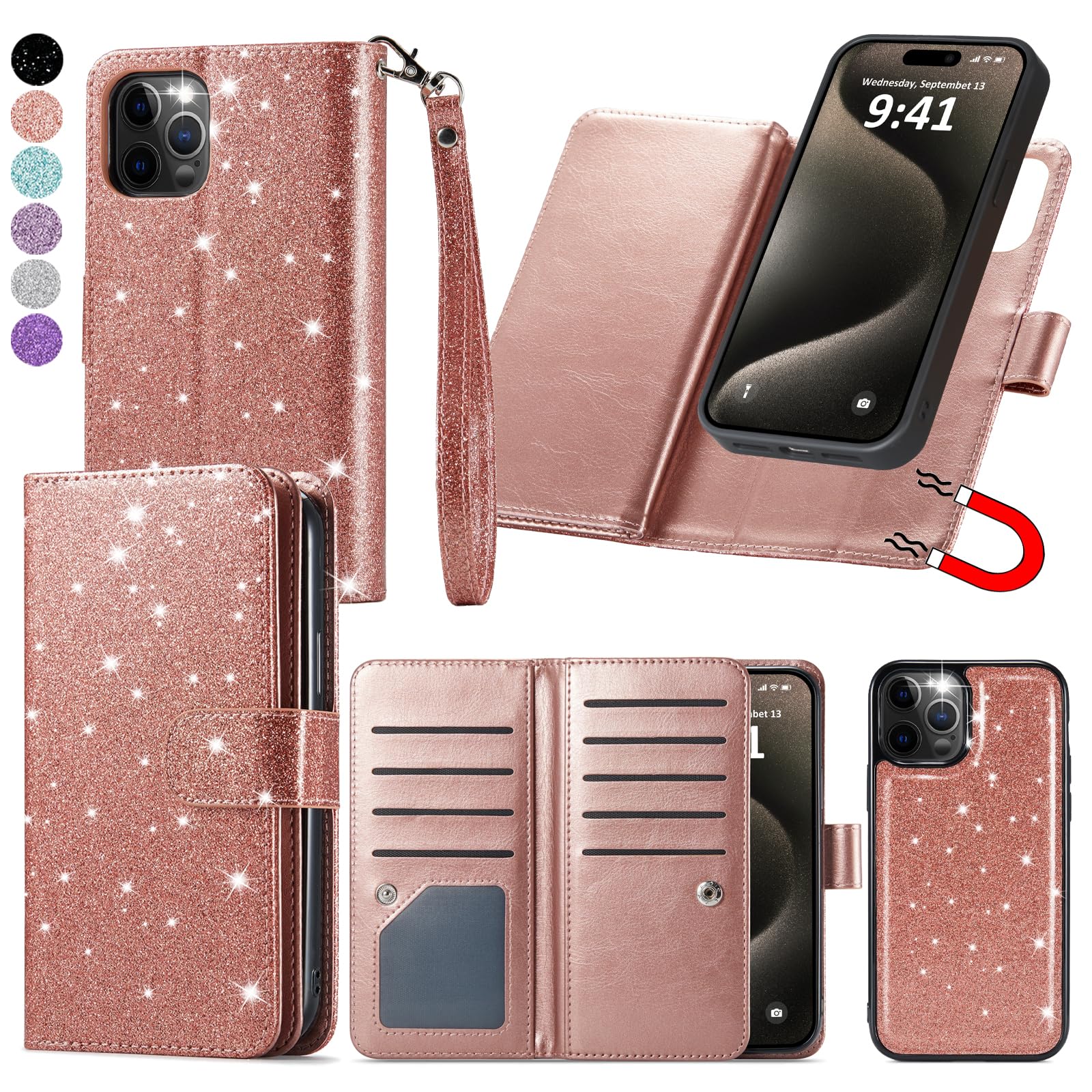 Varikke for iPhone 15 Pro Wallet Case, Detachable Magnetic Wallet Case Fits iPhone 15 Pro with Card Holder & Kickstand, Glitter PU Leather Wrist Strap Phone Cases for iPhone 15 Pro 6.1", Rose Gold