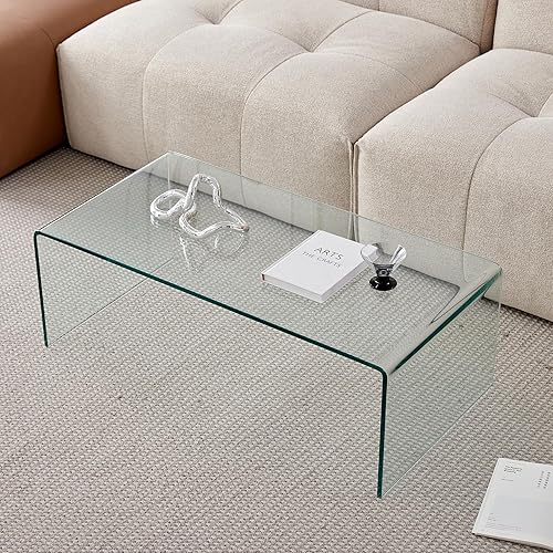 Miniatura 4 de Mesa de café de vidrio SMARTIK, mesas de café modernas transparentes para sala de estar, pequeña mesa rectangular de vidrio templado en cascada para