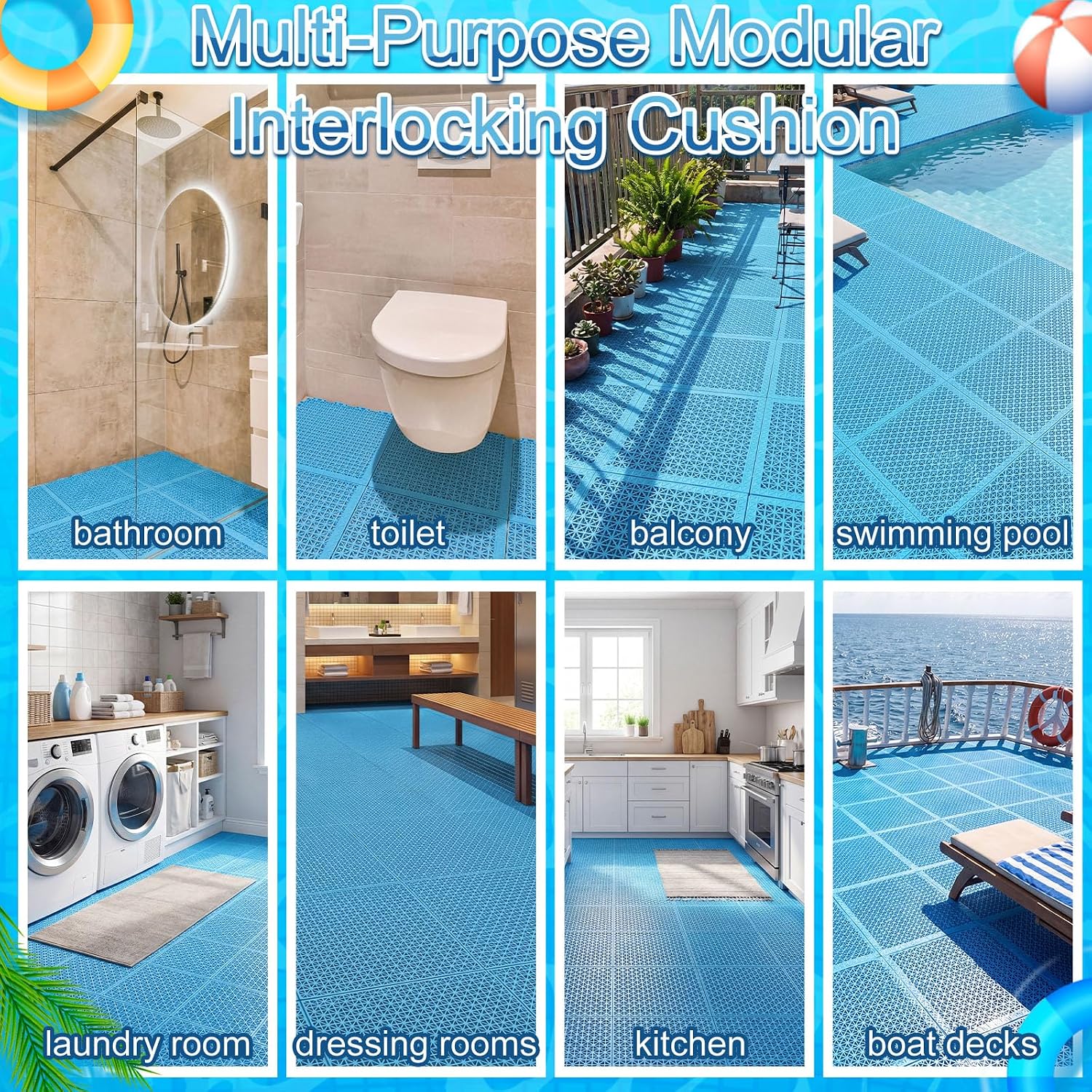 Huwena 72 Pcs Modular Interlocking Pool Mat 10.3 x 10.3 Inche Above Ground Pool Floor Protectors Mats Non Slip Mat, Drainage Garage Floor Tiles for Spa, Bathroom, Balcony, Garage