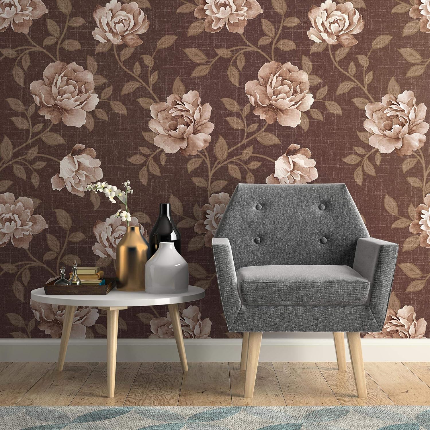 Walls By Me Peel and Stick Brown Textured Floral Removable Wallpaper 1645-2ft x 4ft (61x122cm)