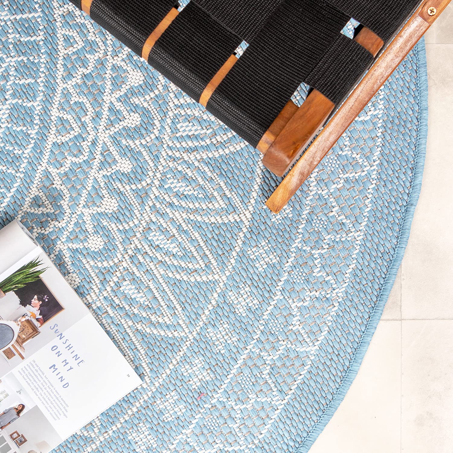 FRAAI | Home & Living In- & Outdoor Teppich Rund - Summer Azteca Hellblau - Wetterfest - Polypropylen - Ø 180 cm - Balkon, Garten/Terrasse - Terrasse Teppich - Outdoor Rug