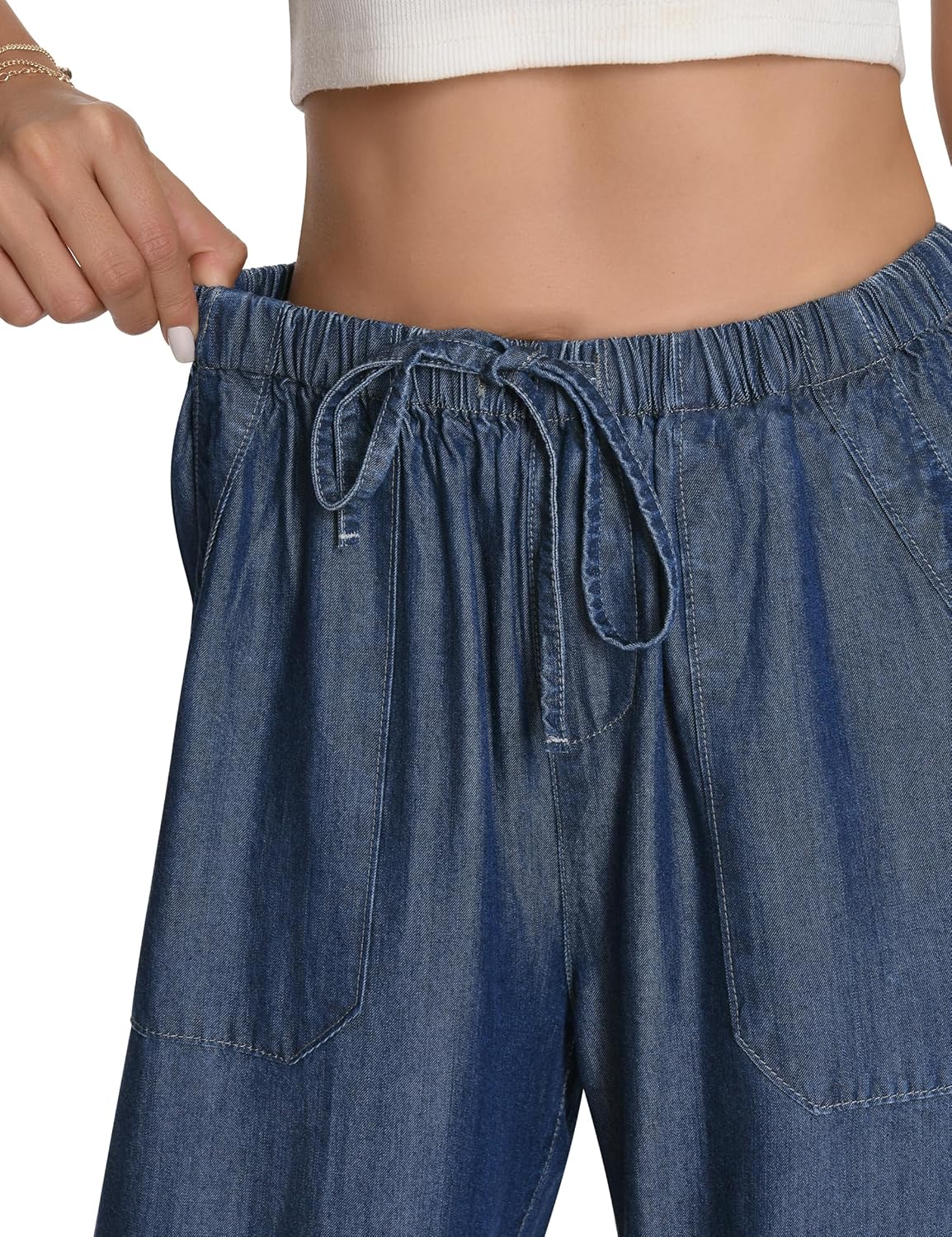 Skirt BL Women's Drawstring Elastic Waist Jeans Pull on Wide Leg Flowy Jeans for Trendy Soft Lightweight Denim Pants - Image 3