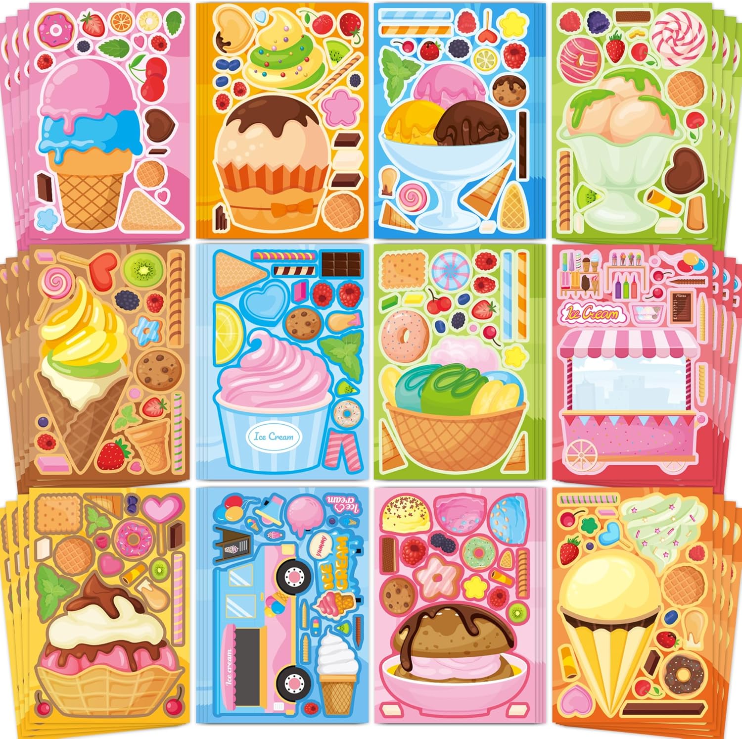 Ice Cream Party Favors for Kids Toddlers - 48 Sheets Ice Cream Stickers Crafts Activities Games for Boys Girls Back to School Classroom Teachers Childrens Party Supplies Gifts Decor