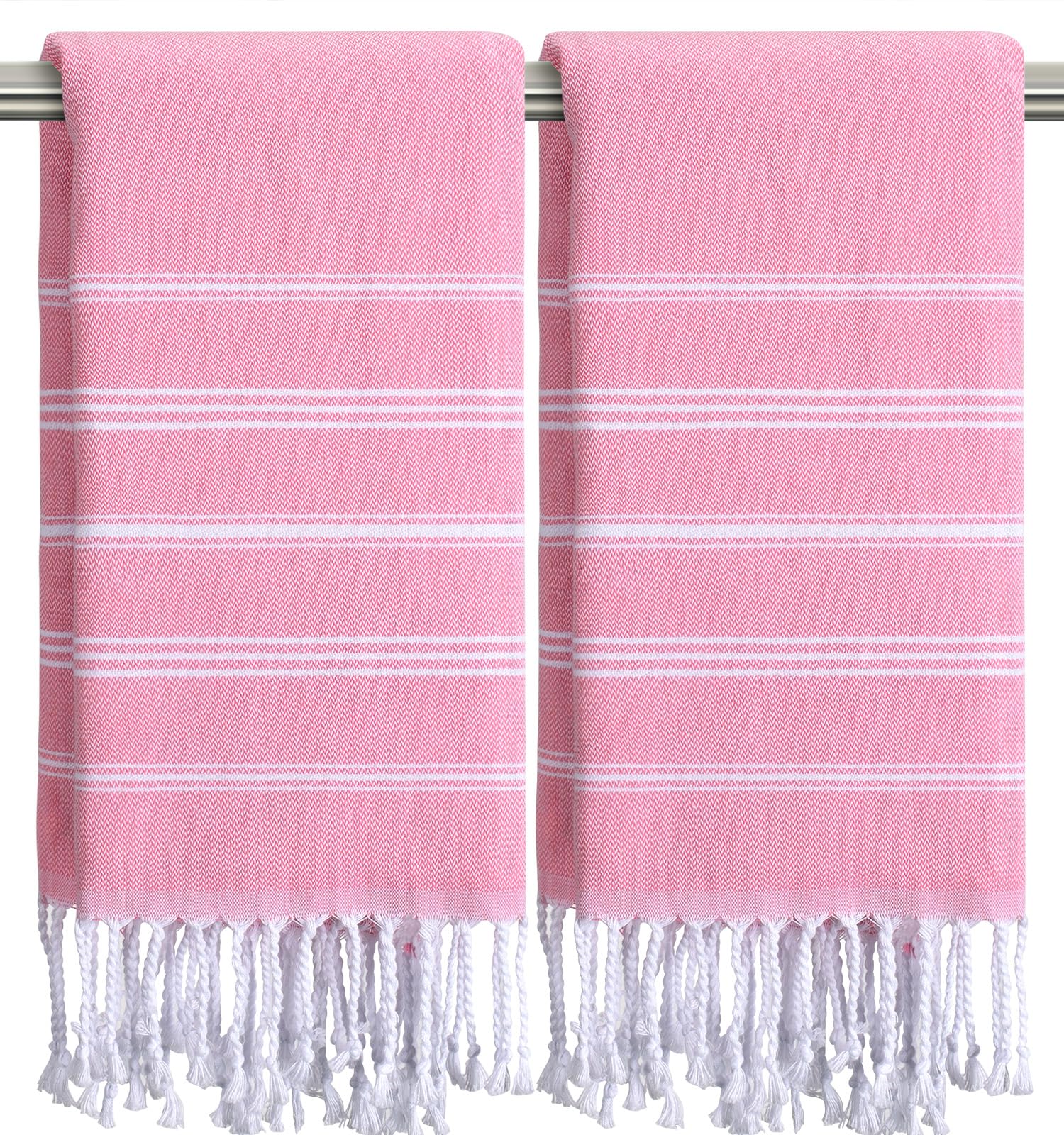 Ouxiaobai Hand Towels for Bathroom - Pack of 2 Turkish Hand Towels Set, Thin Decorative Tea Towel, 20 * 30 Inch Kitchen Cloth with Tassel (Pink)