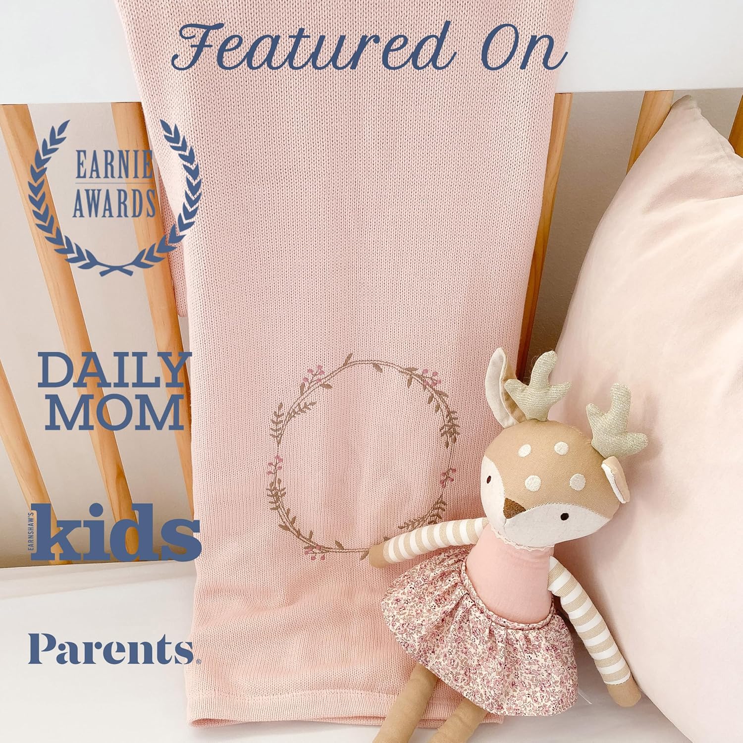 MON AMI 40-Inch Wreath Embroidered Double-Sided Blanket | 100% Cotton Pink Throw with Crinkle Muslin Backing | Soft, Lightweight & Machine Washable | Nursery & Gift Essential