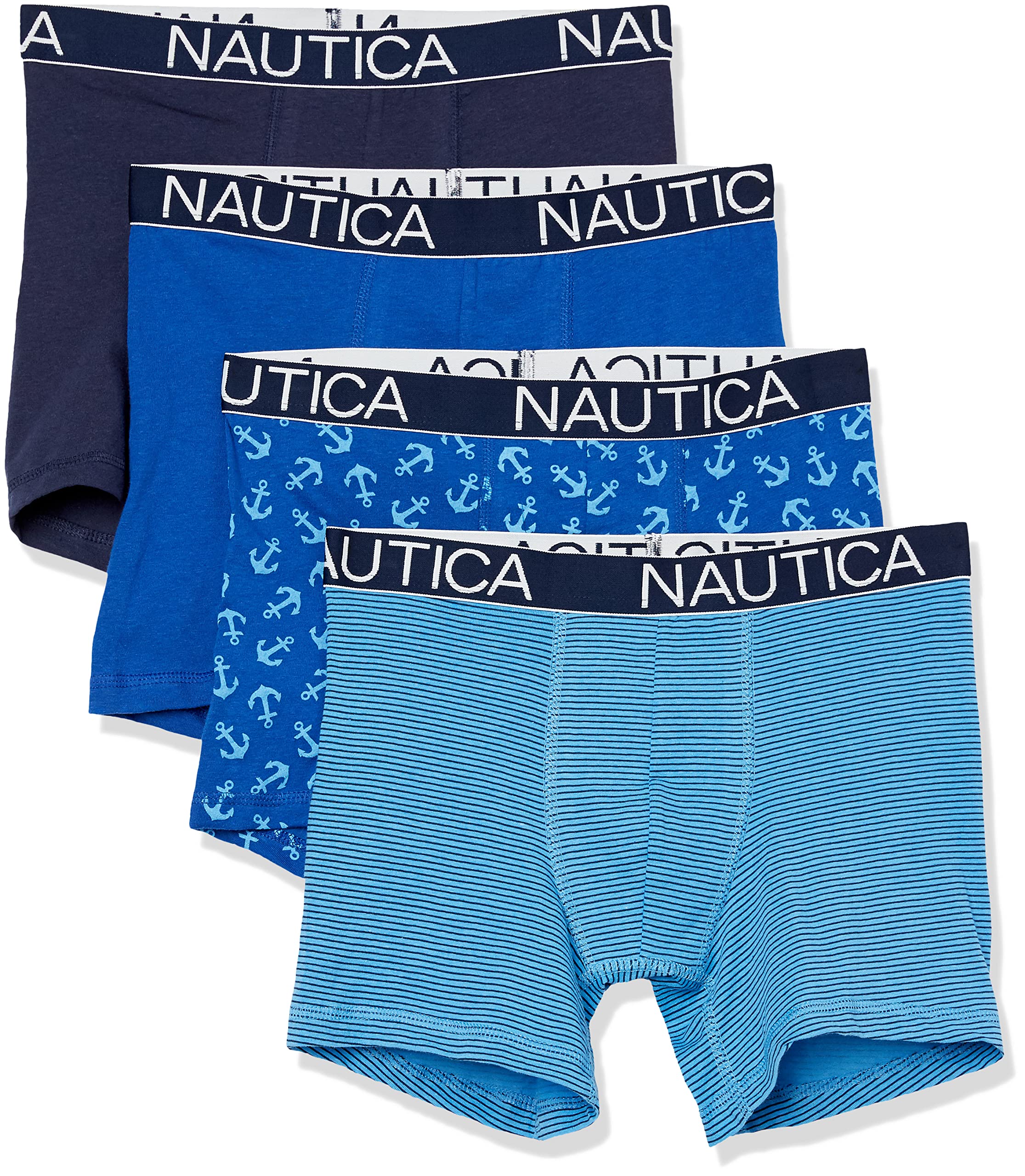 Nautica Men's Cotton Stretch 4 Pack Boxer Briefs, Peacoat/Bright Cobalt/Stripe 2/Anchor, M
