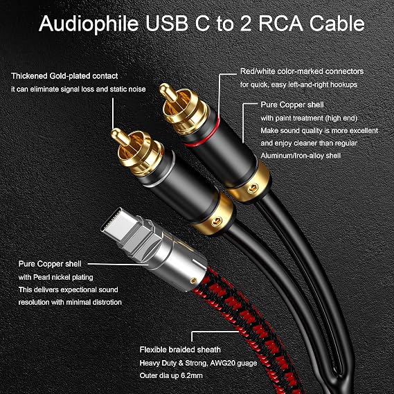 USB C - RCAオーディオケーブル オーディオファン 9.8フィート Type C - 2RCA オスジャック Y オーディオススプリッターコードアダプター iPhone 16 15シリーズ、ホームシアター、DVD、アンプ、スピーカー、カーステレオ用