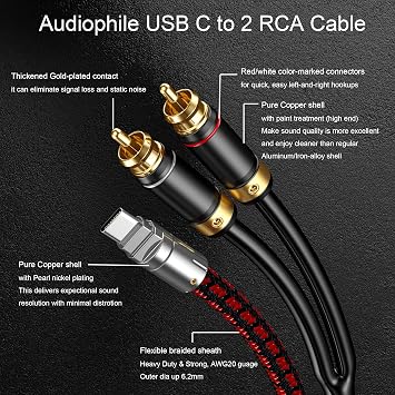 USB C - RCAオーディオケーブル オーディオファン 9.8フィート Type C - 2RCA オスジャック Y オーディオススプリッターコードアダプター iPhone 16 15シリーズ、ホームシアター、DVD、アンプ、スピーカー、カーステレオ用
