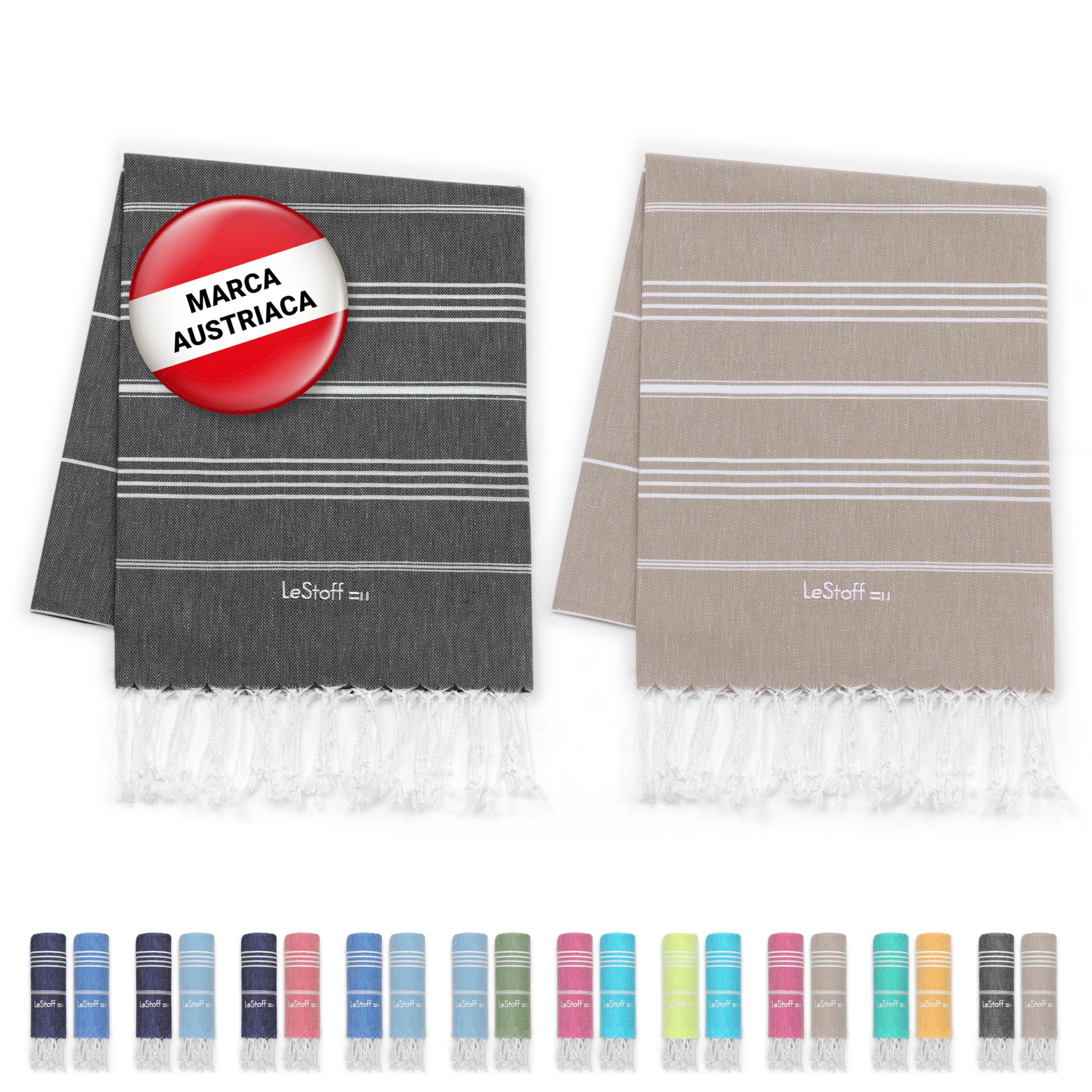 LeStoff Pack 2 Foutas, Algodón Orgánico, 95x180 cm, Antracita/Beige | Pack de 2 toallas de playa, baño, sauna y viaje; ligeras, absorbentes, de secado rápido y prelavadas