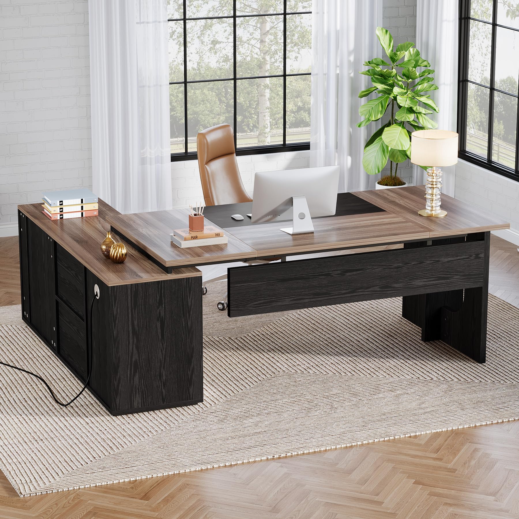 Tribesigns 74.8 Inch Executive Desk, Large Office Desk with Cabinet, L Shaped Computer Table with Shelves and CPU Storage, Modern Home Office Desks Business Furniture Workstation Set (Incomplete box B missing box A)