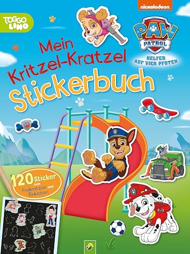 PAW Patrol Mein Kritzel-Kratzel Stickerbuch mit Bambus-Stick: 120 Sticker zum Freikratzen und Einkleben für Kinder ab 4 Jahren