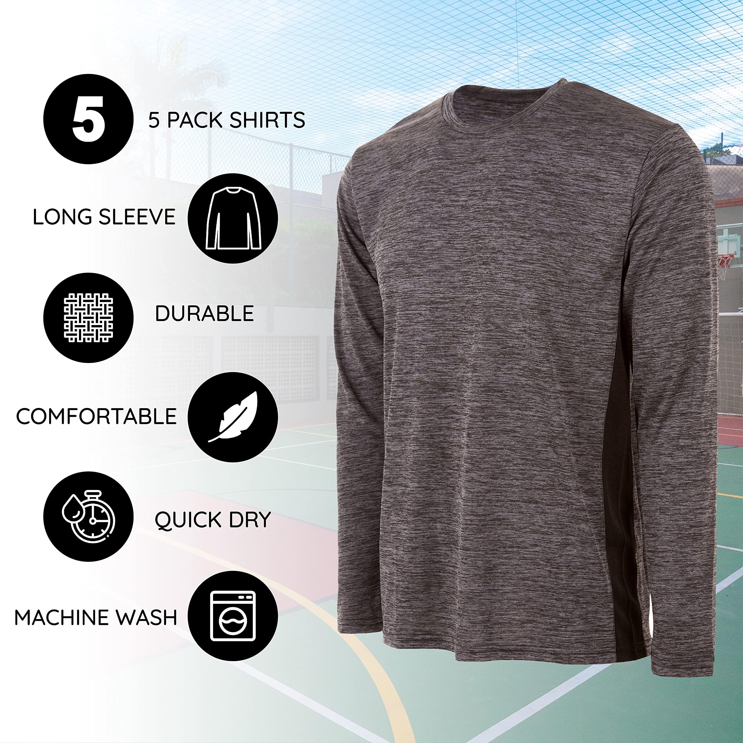 Essential Elements Maglietta sportiva per ragazzi, ad asciugatura rapida, per allenamento, allenamento, girocollo, maniche lunghe, confezione da 5