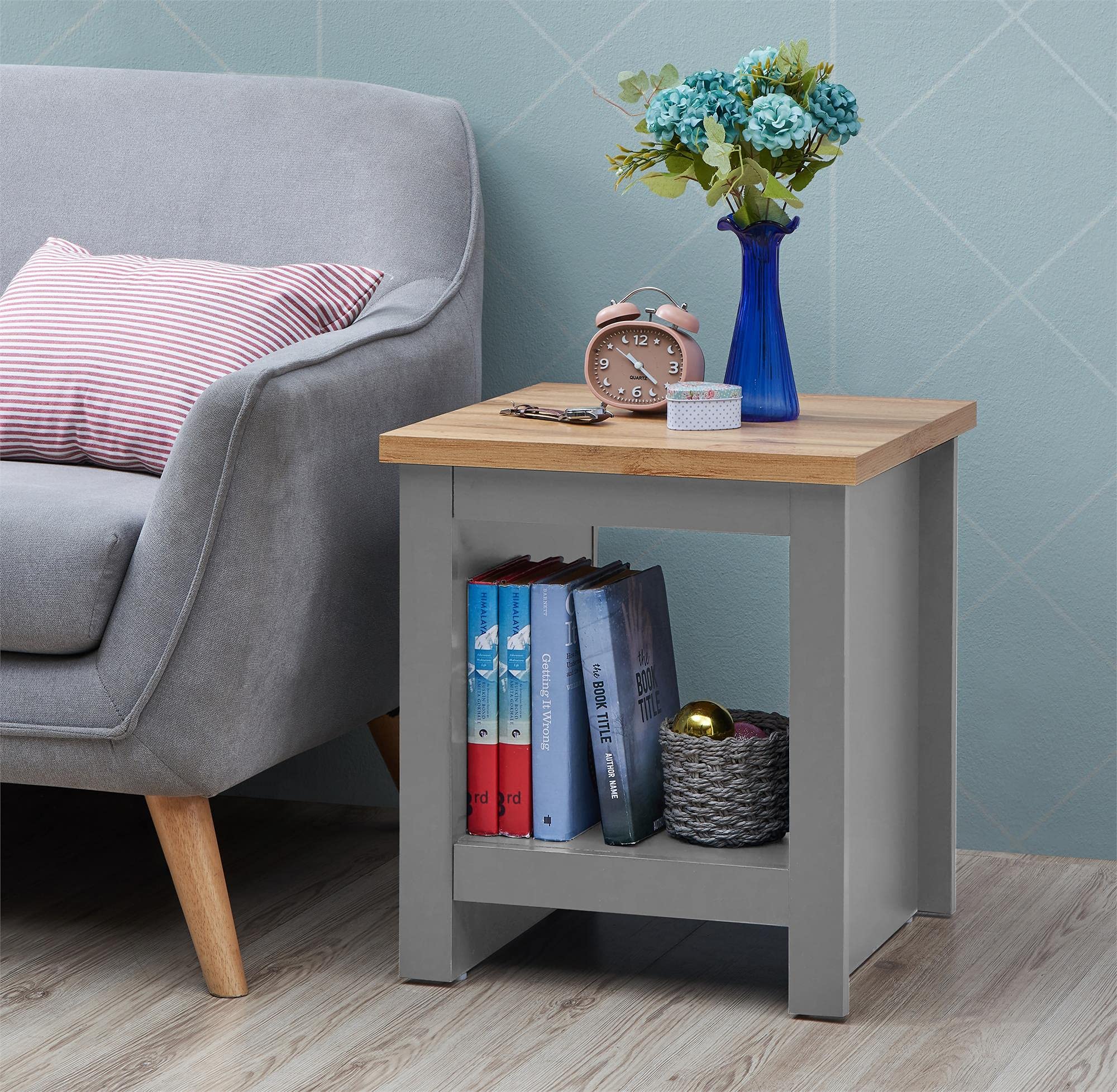 Timber Art Design Unisex Light Grey Lisbon Modern Lamp Side Table With Open Shelf In