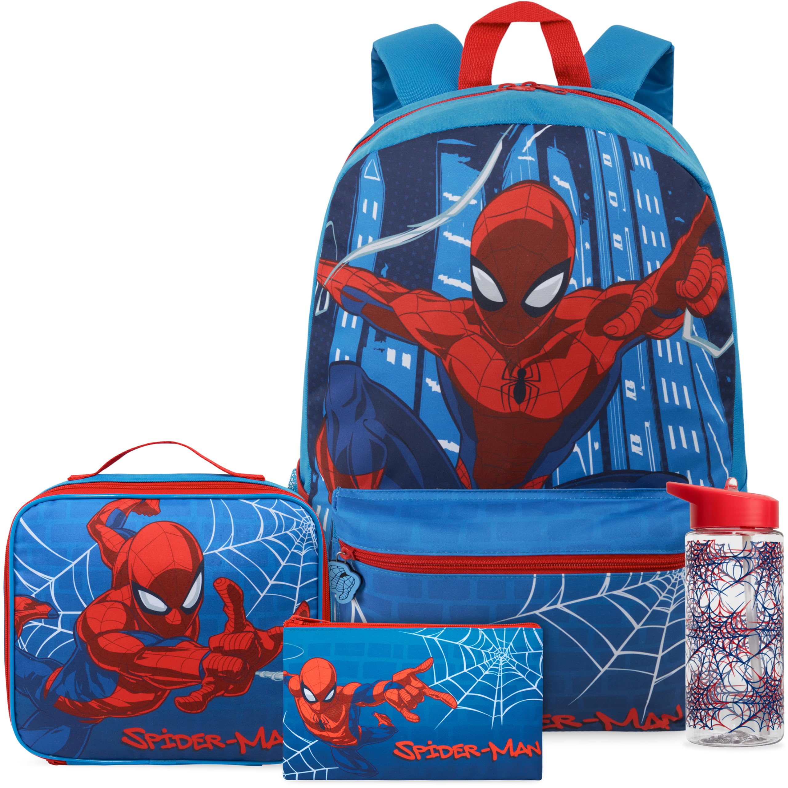 Get Trend Spiderman Sac a Dos Enfant Garcon, 4 Pcs Cartable, Sac Isotherme Repas Trousse Scolaire et 500ml Gourde avec Paille (Bleu/Multi Spiderman)