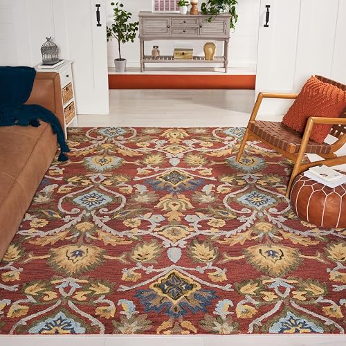 SAFAVIEH Blossom Collection Area Rug - 10' x 14', Red & Multi, Handmade French Country Floral Wool, Ideal for High Traff