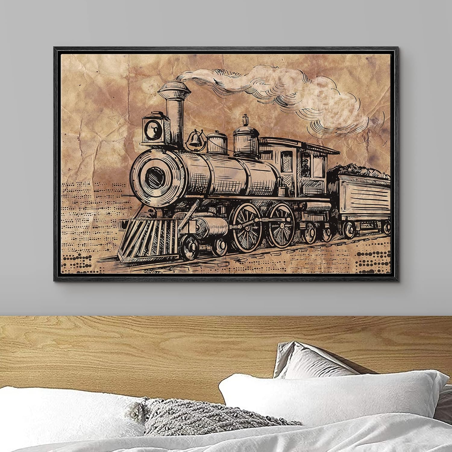 Framed Canvas Print Wall Art Vintage Faded Steam Engine with Newspaper Print Transportation Trains Digital Art Modern Art Chic Brown Warm for Living Room, Bedroom, Office - 16"x24" Black
