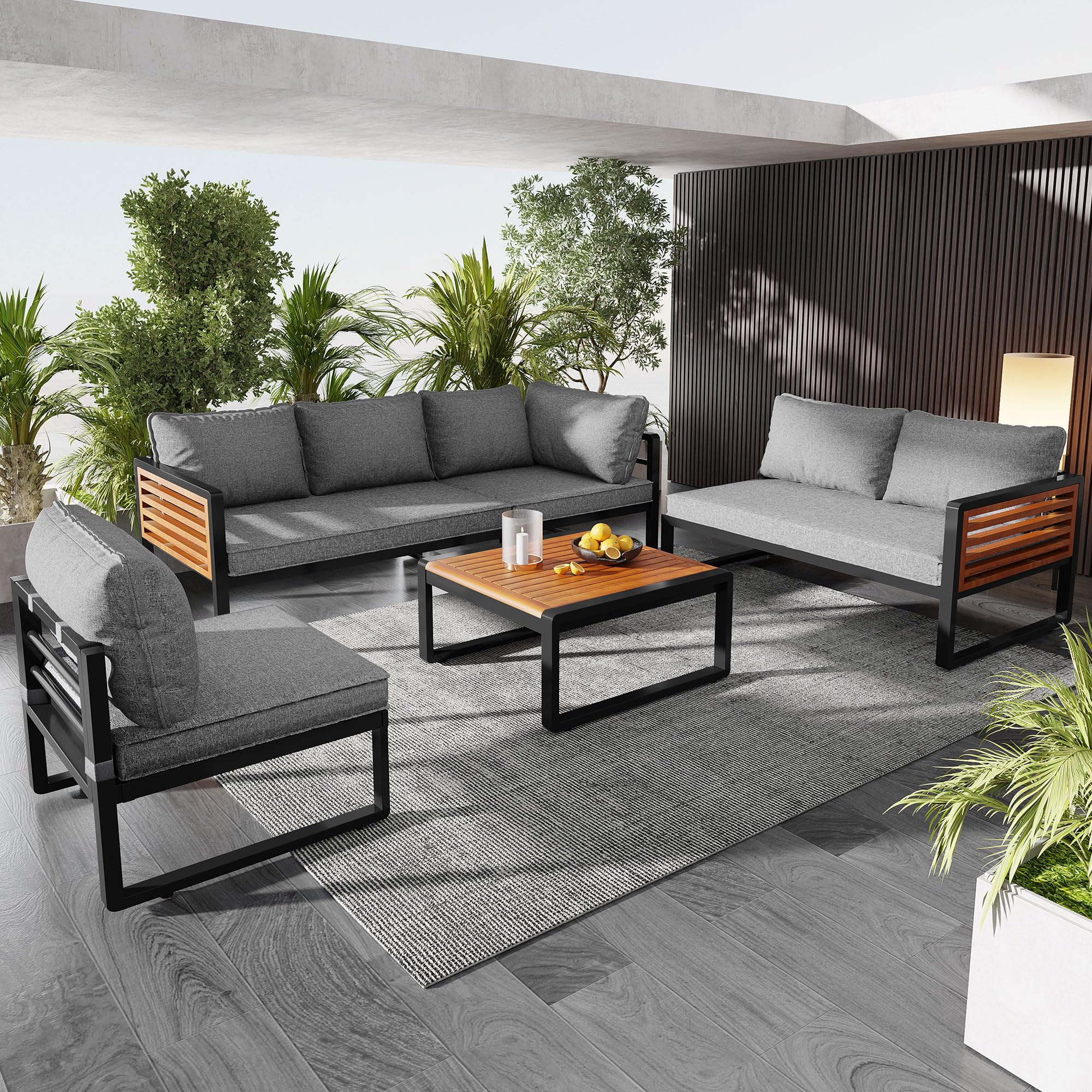 Ensemble Salon de Jardin Exterieur 5-6 Places, Mobilier de Jardin en Métal avec Structure en Fer Zinc et Accoudoirs en Bois, Canapé d'angle Modulable, Table Basse en Bois Massif