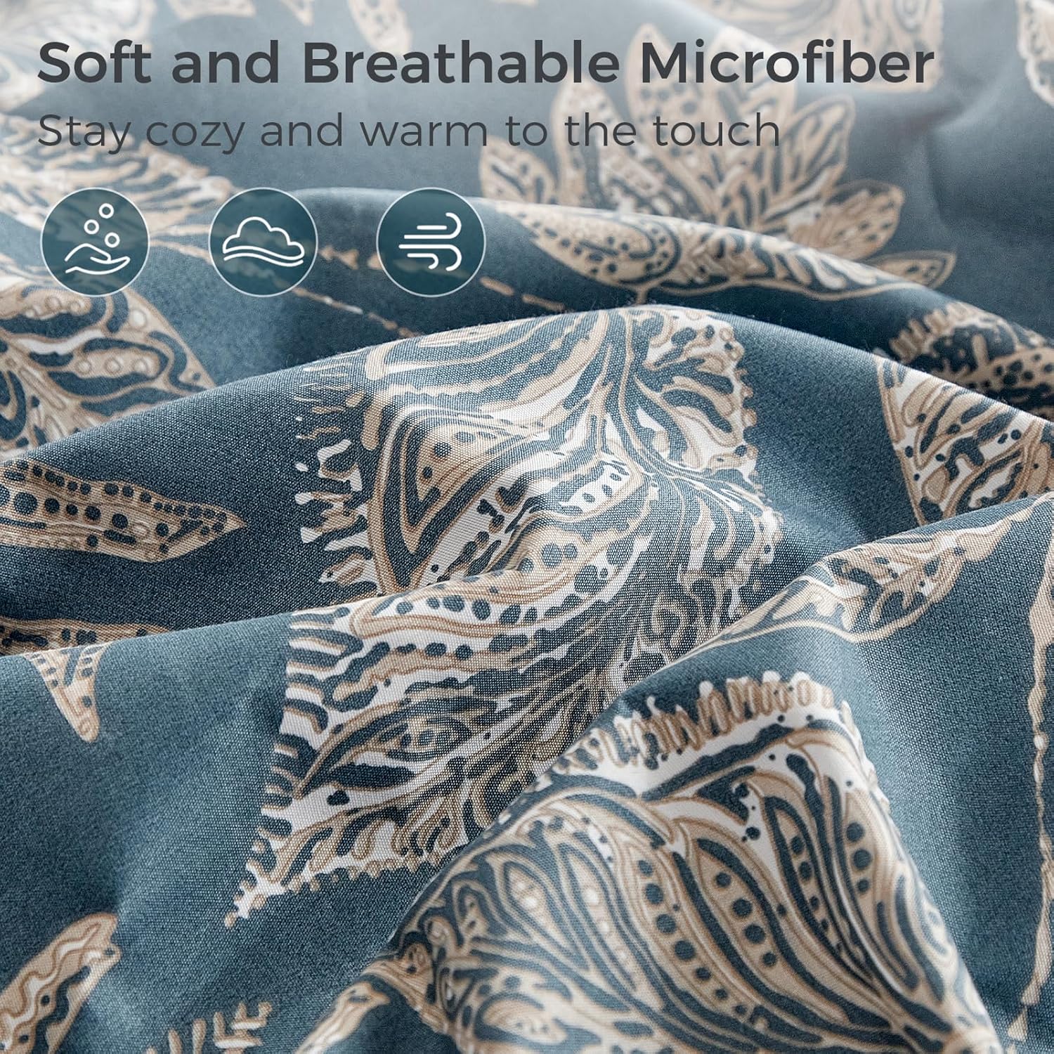 Tokokimo Paisley Sheets Set King Size, 15 inches Deep Pocket Fitted Sheet, Flat Sheet & Envelope Closure Pillowcases, Soft Breathable Microfiber Sheet Set 4-Piece, Blue Leaf Floral