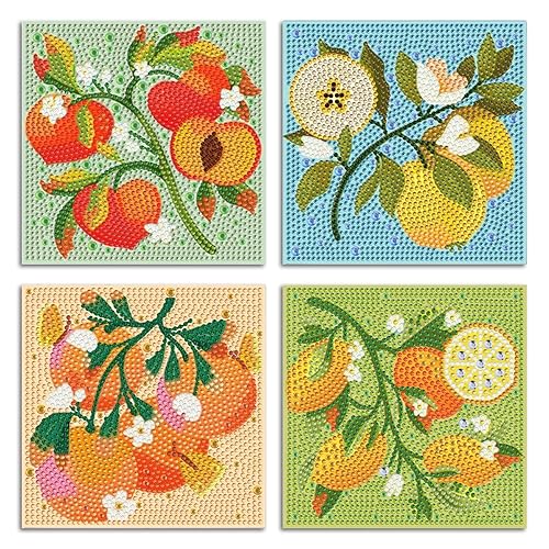 ICYANART 4 Pack Diamond Art Kits for Kids Fruit Gem Art Kit for Kids Ages 6-8-12 Small Diamond Art for Kids Gifts and Home Wall Decor 7x7inch
