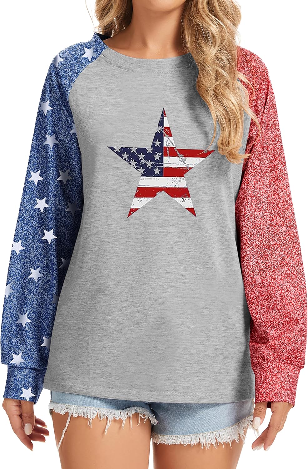 TSMNZMU Womens Star Print Colorblock Shirt Long Sleeve American Flag 4th of July Pullvoer Blouse Tops