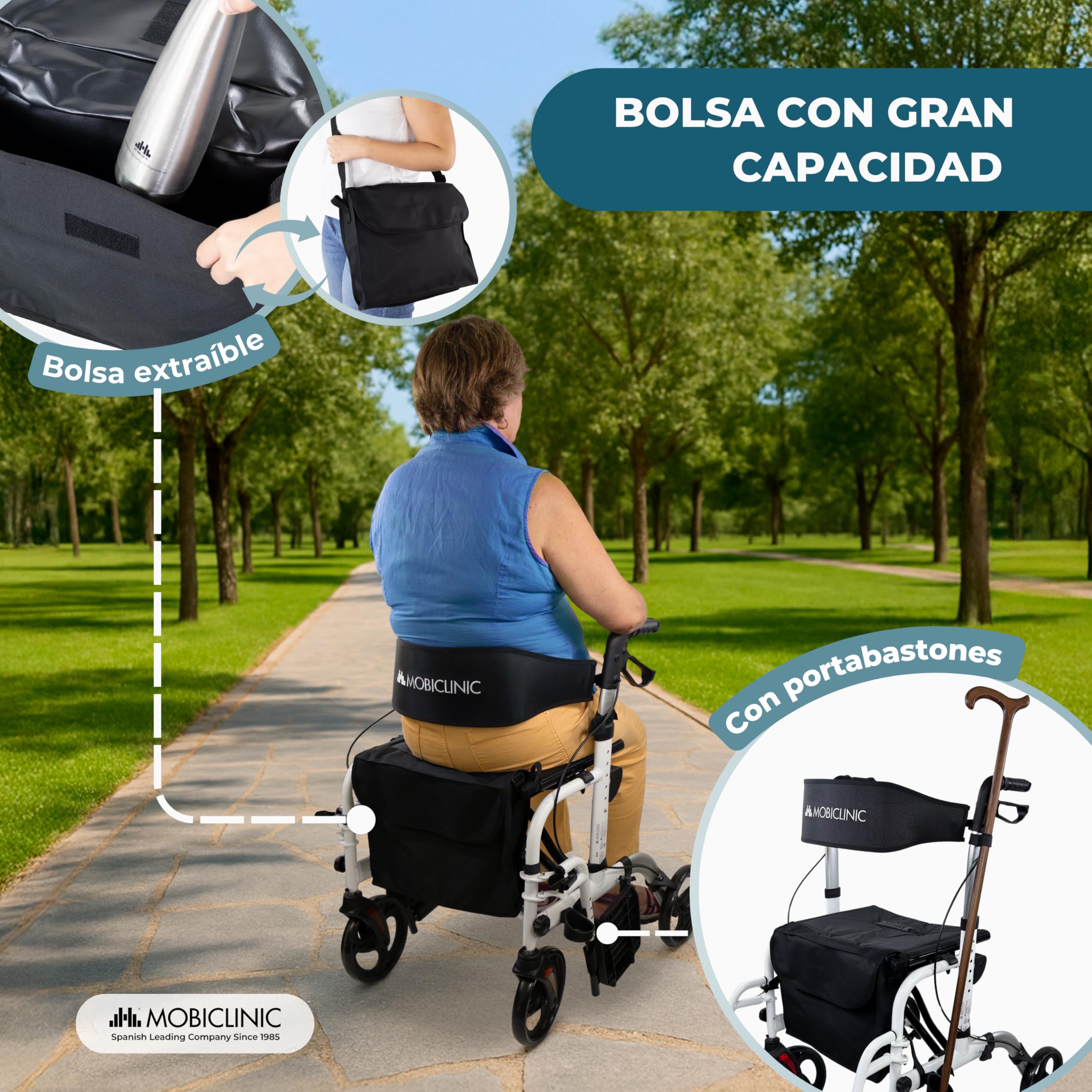 Mobiclinic®, Andador Plegable, con Reposapiés, Plegable, Ajustable en Altura, Máx. 136 Kg, con Frenos, Respaldo Reversible, Ruedas 360º, Bolsa, Porta Bastón, Ibiza