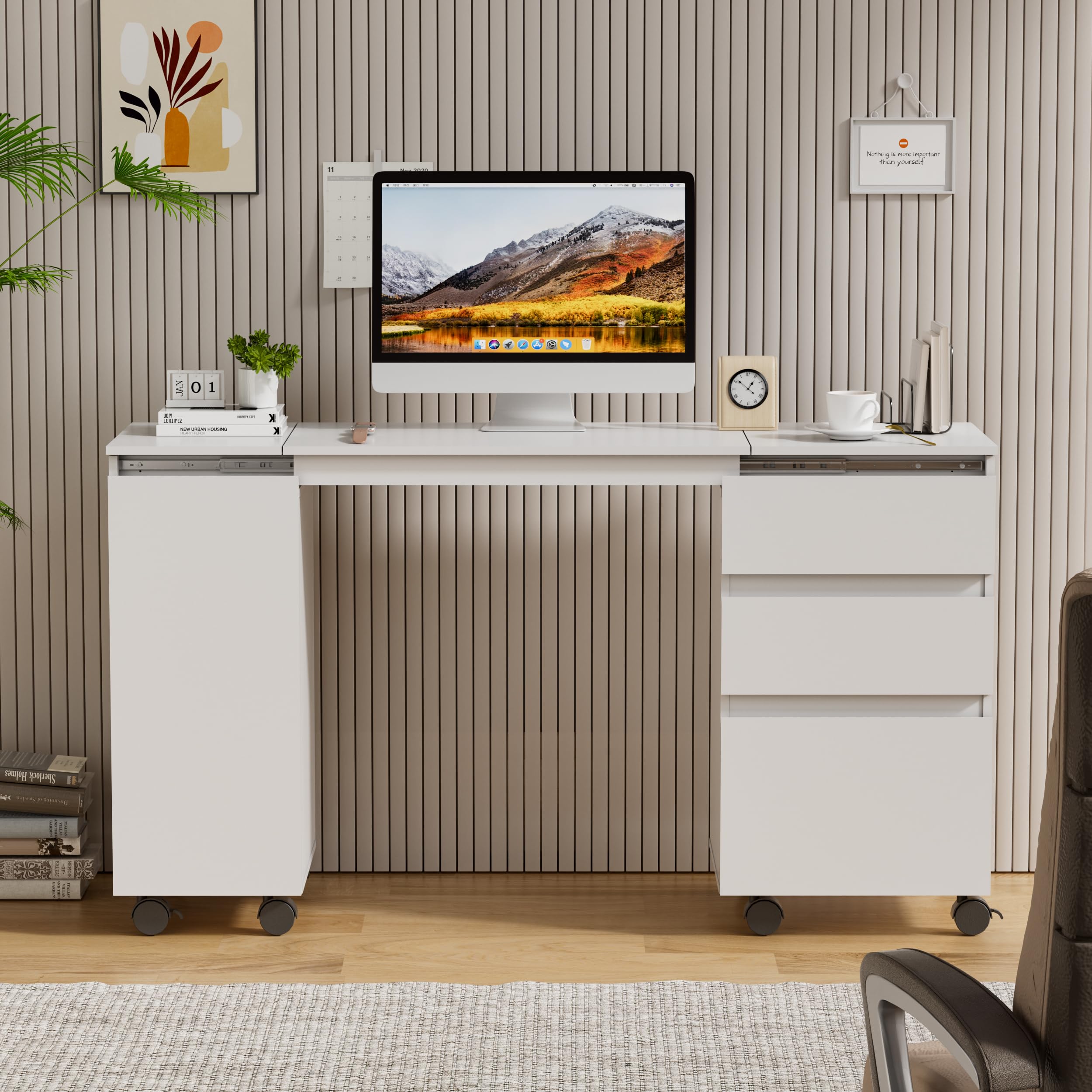 JoliJour Scrivania Bianca Allungabile con 3 Cassetti e 1 Anta, Può Essere Piegato in Uno Schedario, Tavolo Lavoro per Casa, Studio e Ufficio, 66-120*36.5*73cm