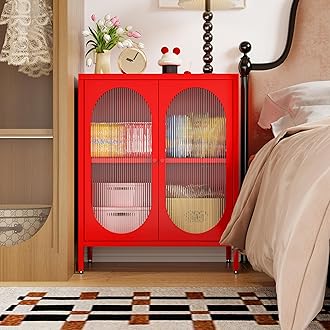 Small 2 Transparent Door Metal Storage Side Buffet Cabinet for Bed Room,Living Room,Entryway,Hallway,Home,Hotel,Office,Garage,Kitchen,1 Removable Shelf. (Transparent Door, Red)