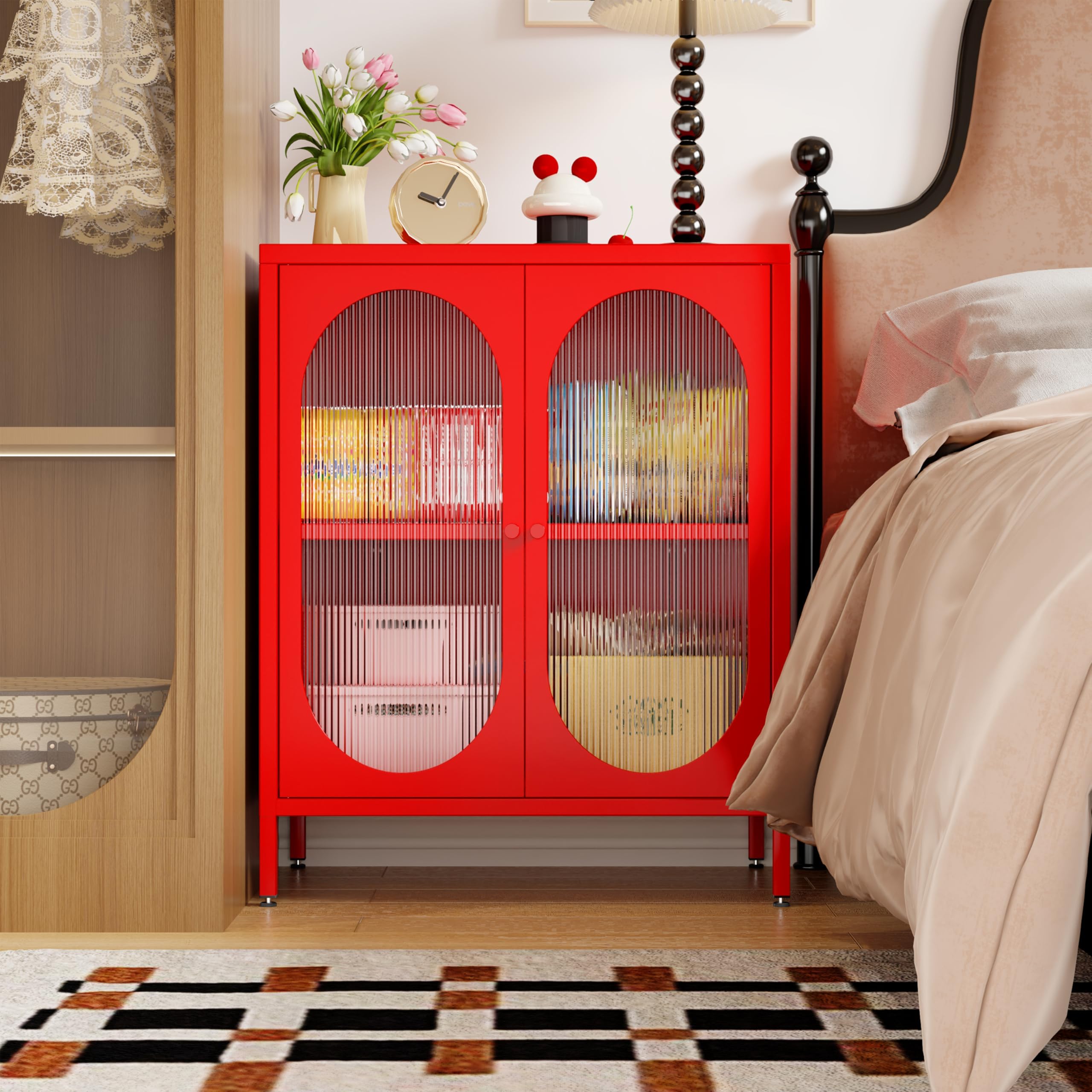 Small 2 Transpanrent Door Metal Storage Side Buffet Cabinet for Room,Entryway,Hallway,Kitchen,1 Removable Shelf. (Transparent Door, Red)