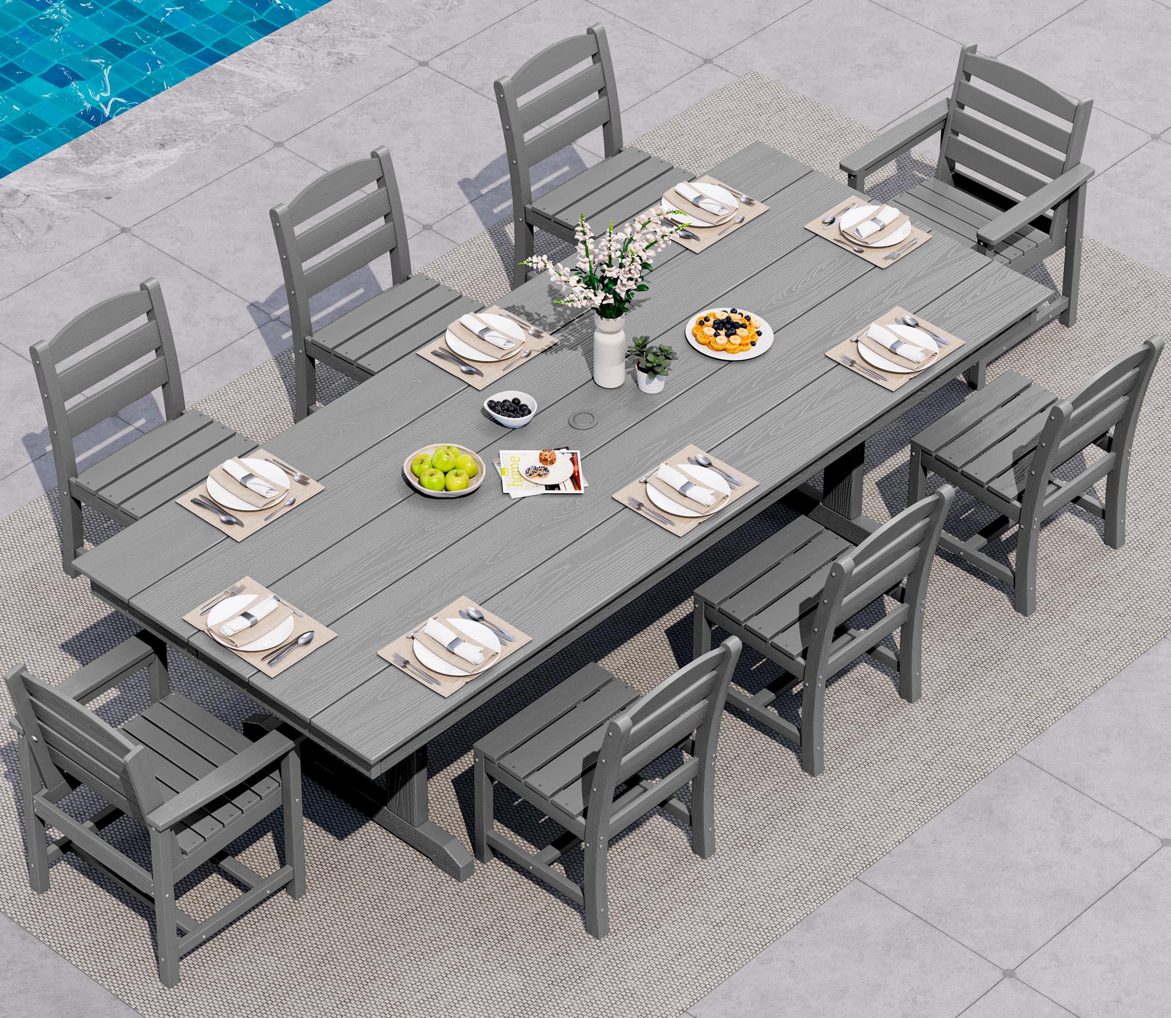 SERWALL 9Pcs HDPE Outdoor Dining Set w/6 Armless, 2 Armchairs for 8,Gray