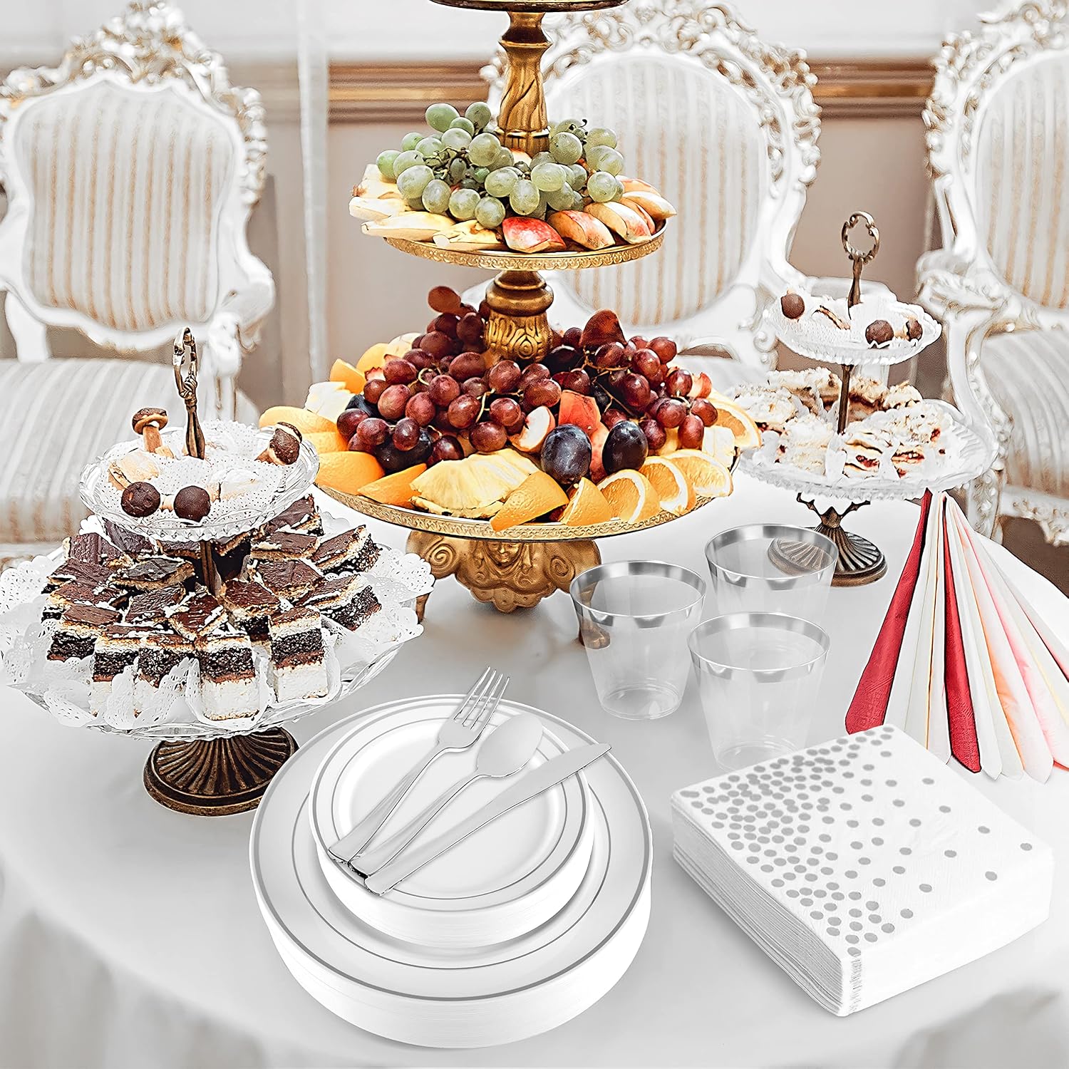 175 Piece Silver Rim Design Dinnerware Set – Heavyweight Set-Disposable or Reusable -25 Dinner Plates -25 Salad Dessert Plates-25 Napkins-25 Silver Rimmed Tumbler Cups -25 Knives -25 Forks -25 Spoons