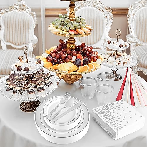 Miniatura 2 de Juego de vajilla de 175 piezas con diseño de borde plateado, juego pesado, desechable o reutilizable, 25 platos llanos, 25 platos de postre de