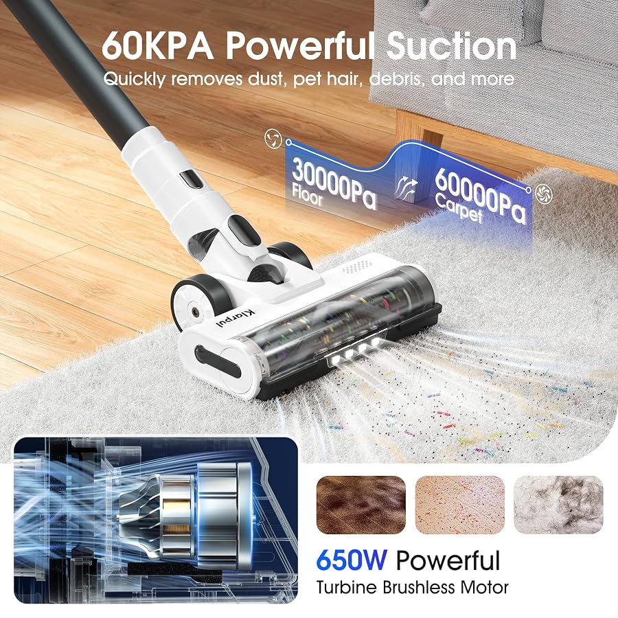 Klarpul Cordless Vacuum Cleaner, Upgraded 650W 60KPa 70Mins Runtime Stick Vacuum Cordless, Self-Standing Lightweight Vacuum Cleaners for Home with LED Headlight Touch Screen, for Pet Hair/Carpet/Floor, image 2