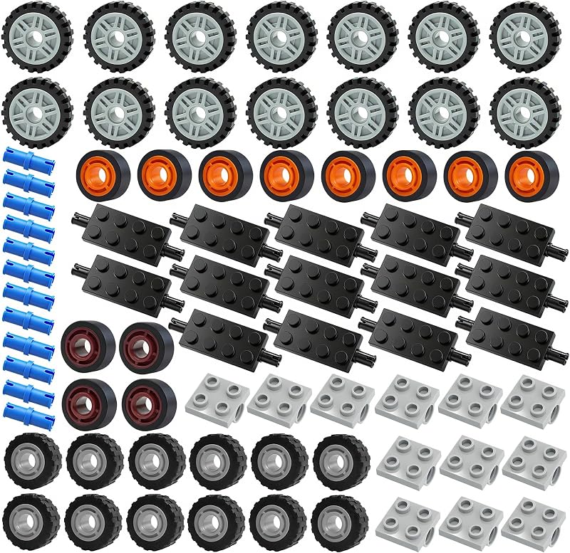 City Wheels and Axles Set Building Tires,118pcs Car Parts Brick Accessories | Vehicle Car Pieces Compatible with Classic Brick Education Construction Boy Toy,3 different size colored wheel,10 Car Chassis