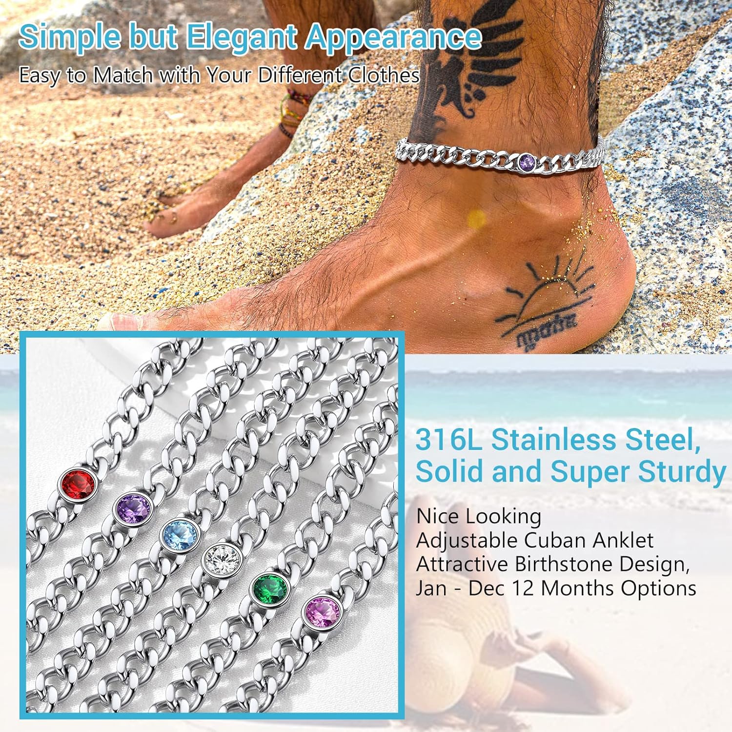 PROSTEEL Womens Cuban Links Chain Anklets with Birthstone Jan - Dec 12 Months Available, Black/18K Gold Plated Stainless Steel Chains, 22cm-27cm Adjustable, Come Box