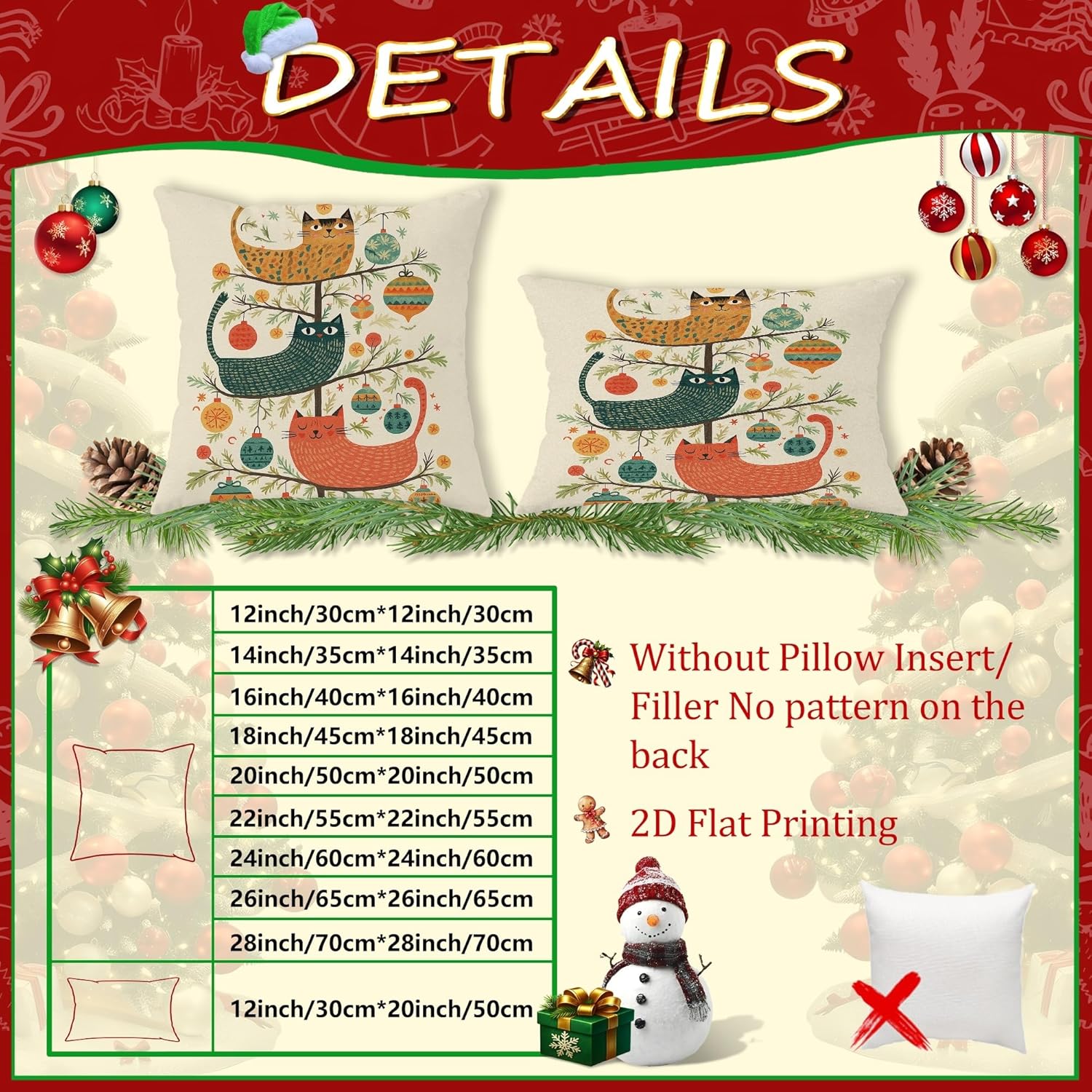 Cat Throw Pillow Covers, Christmas Fanciful Tree Ornament Xmas Orange with Hidden Zipper Pattern Pillow Covers for Living Room Bed Office Sofa Chair Decor 28x28 Inch