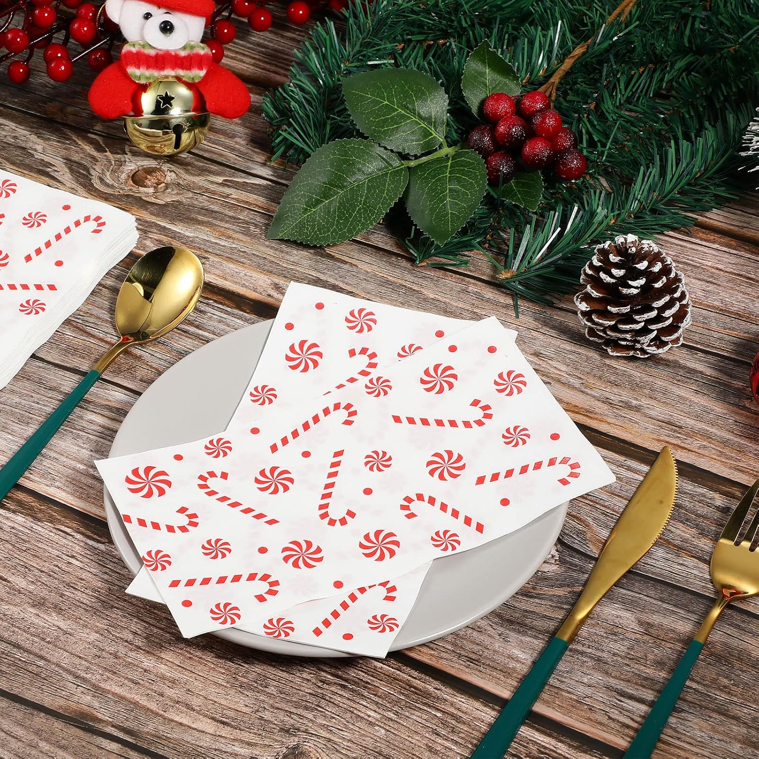 100 PCS Christmas Napkins Cocktail Napkins Paper Disposable Guest Napkin Xmas Candy Theme Decorative Paper Guest Towels for Holiday Christmas Dinner Party Supplies, 7.87 x 4.3 inch