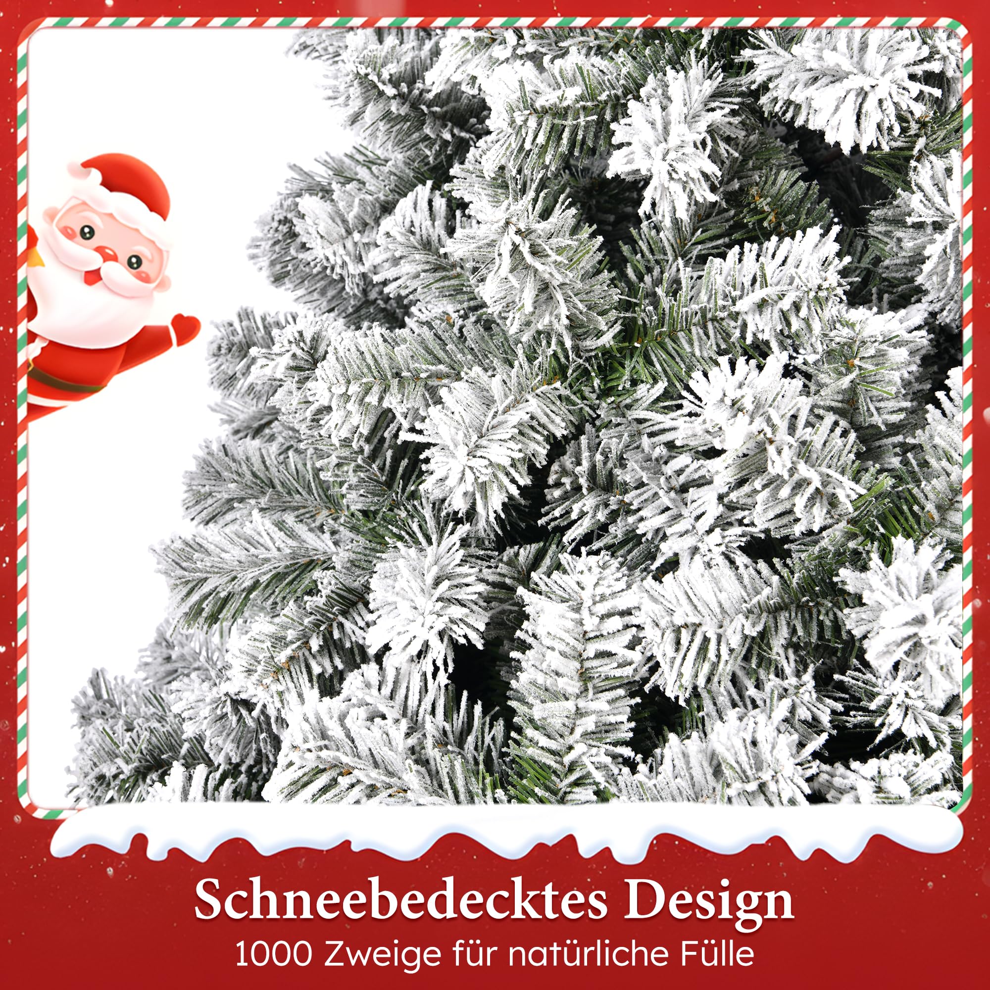 Weihnachtsbaum Künstlich 180 cm mit Schneezauber, Realistisches Naturgetreuer Tannenbaum mit Ständer, Weiß Flock Nordmanntanne 1000 Dichte Zweige, Christbaum Weihnachtsdeko