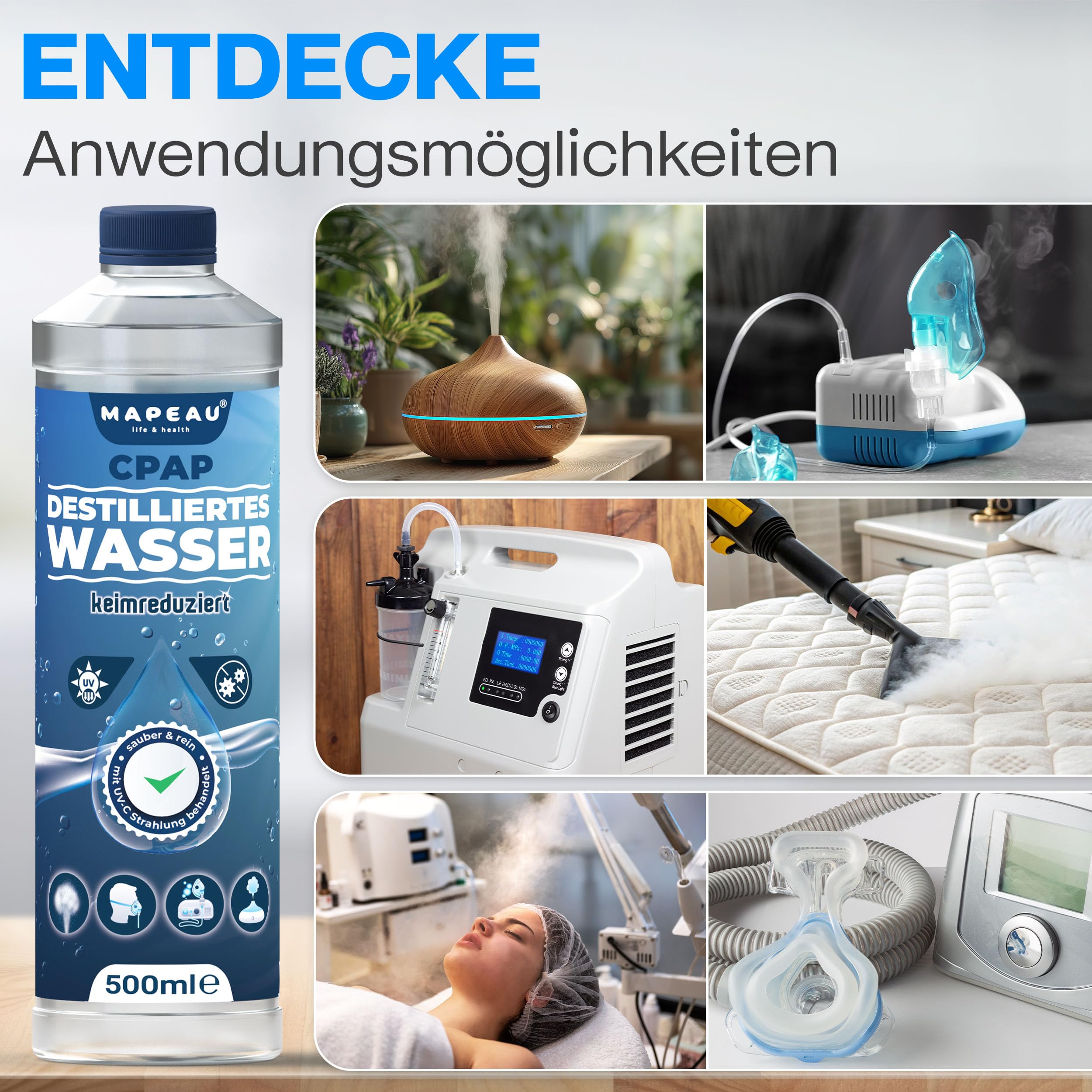 Mapeau CPAP destilliertes Wasser für CPAP-Geräte, Wasser für Sauerstoffgerät, Inhalator, Luftbefeuchter, Atemgas-Befeuchtung (5x 500ml)
