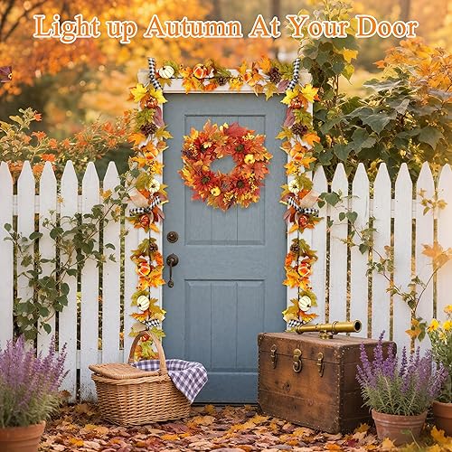 Miniatura 5 de Guirnalda de otoño con luces, guirnalda de otoño de 6 pies para manto, cena de Acción de Gracias, chimenea, puerta, puerta, decoración de fondo