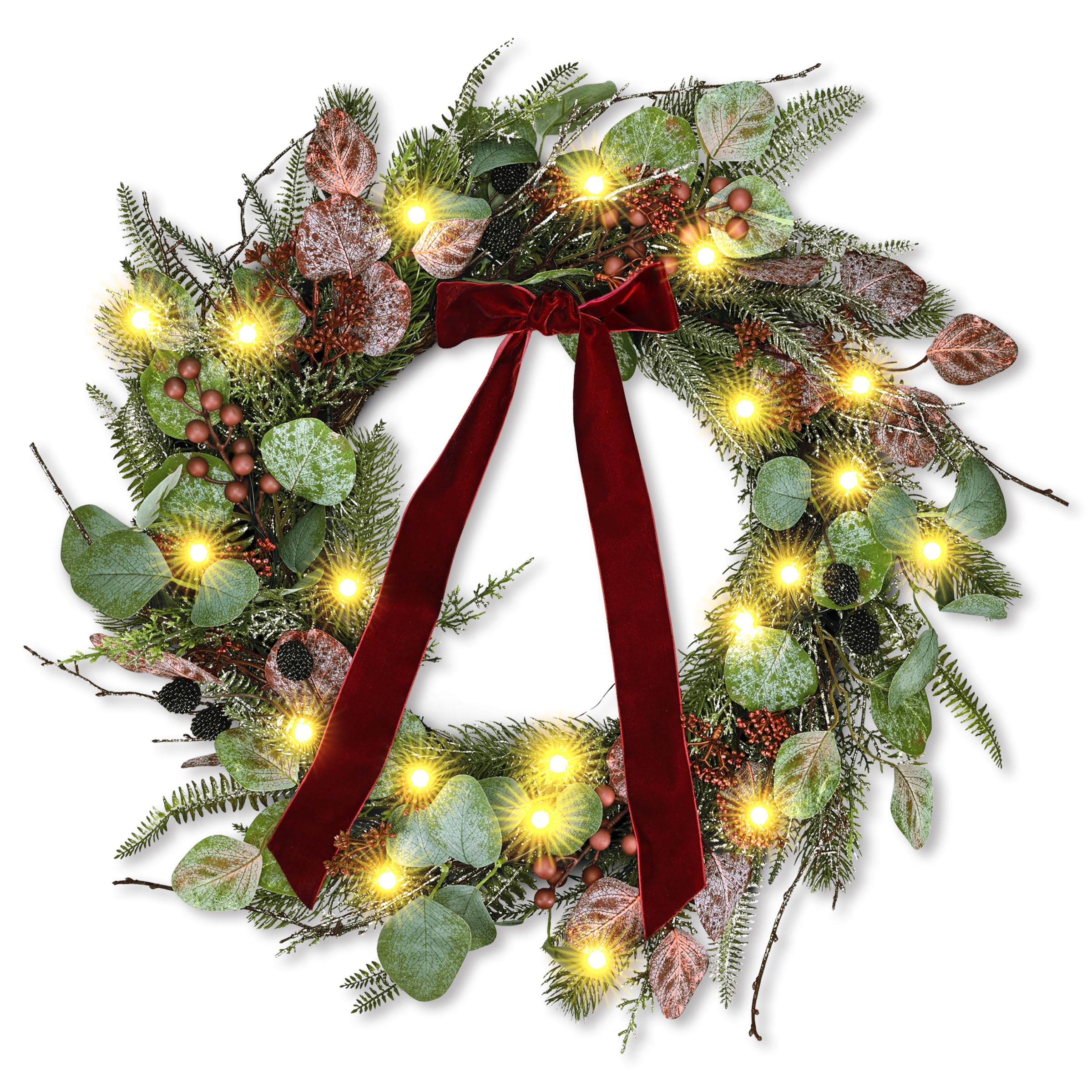 Couronne de Noël artificielle, 61 cm pré-éclairée avec 50 lumières LED, nœud bordeaux, eucalyptus, sprays rouges, baies noires